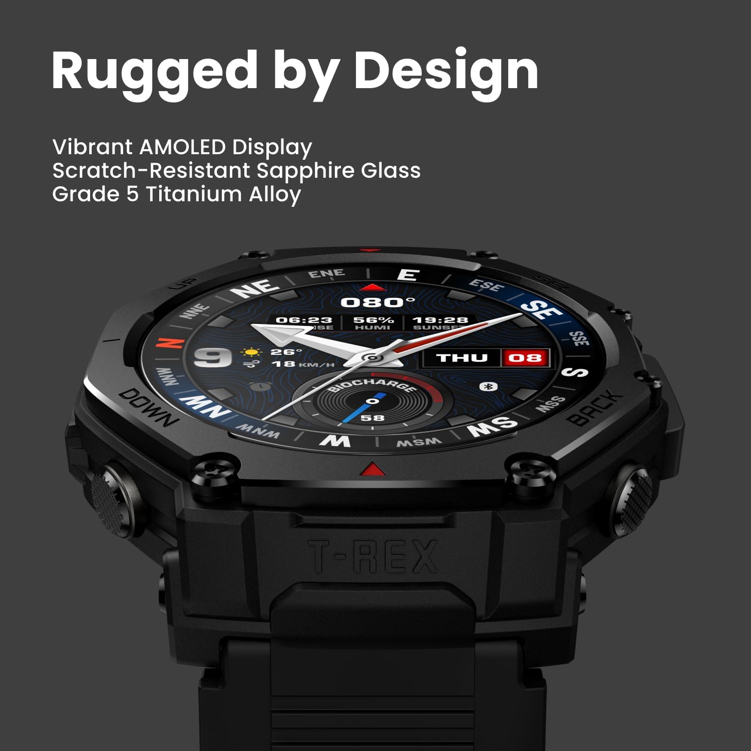 Rugged by Design

Vibrant AMOLED Display  
Scratch-Resistant Sapphire Glass  
Grade 5 Titanium Alloy
