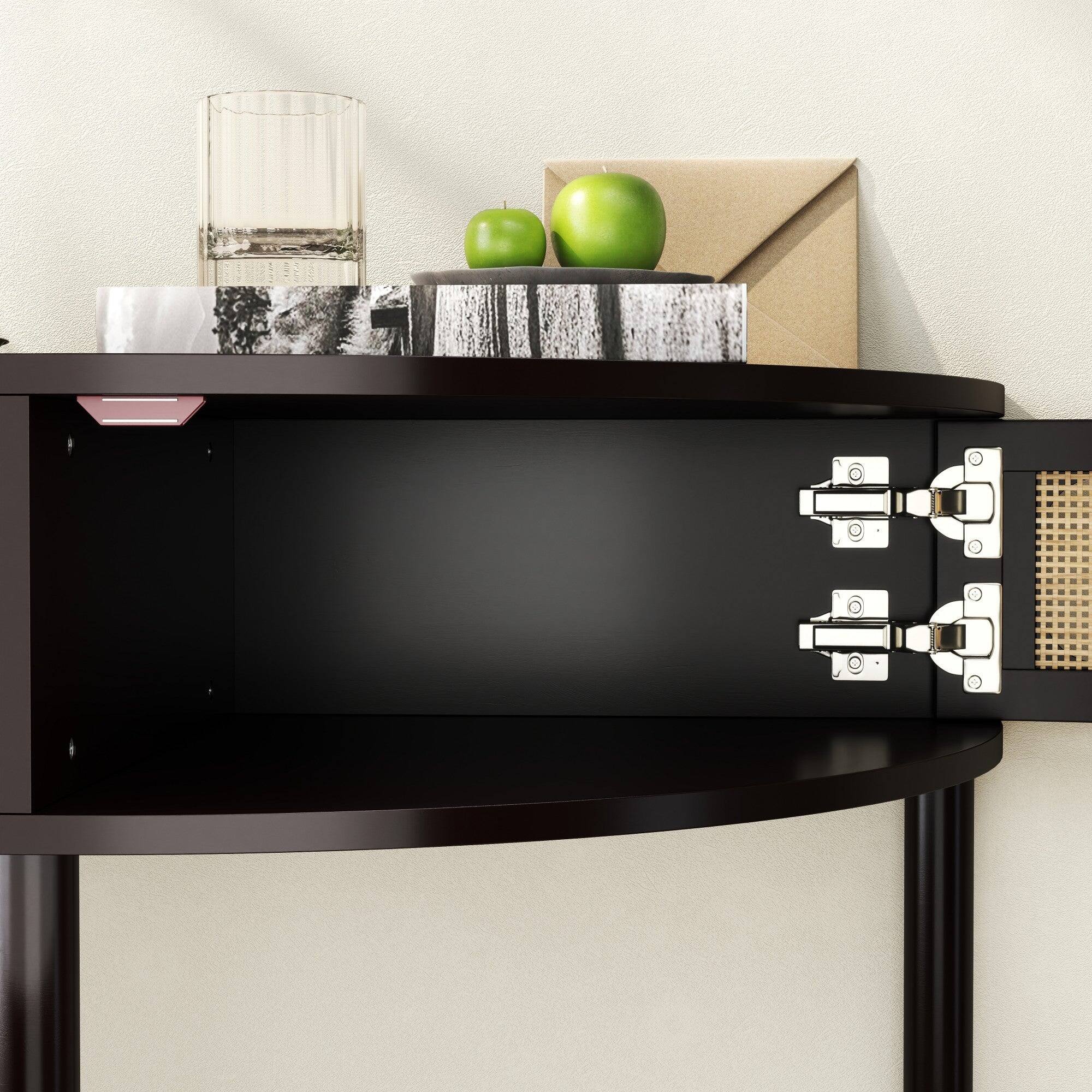 Alt View 9. Boyel Living - 31.88 in Boho Half Moon Console Table with Sliding Rattan Doors and Bottom Shelf Black - Black.