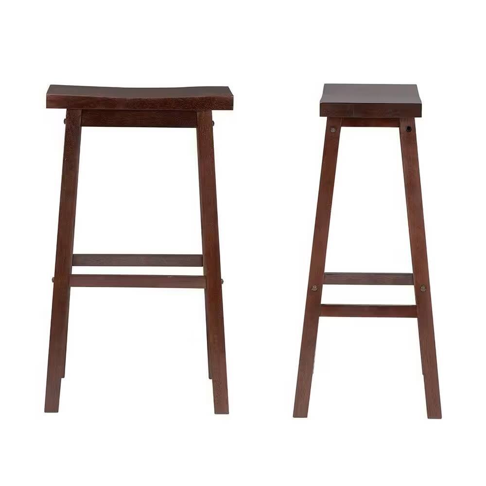Left. Hivvago - Set of 2 Farmhouse Bar Height Saddle Seat Barstools in Brown Walnut Wood Finish - brown.