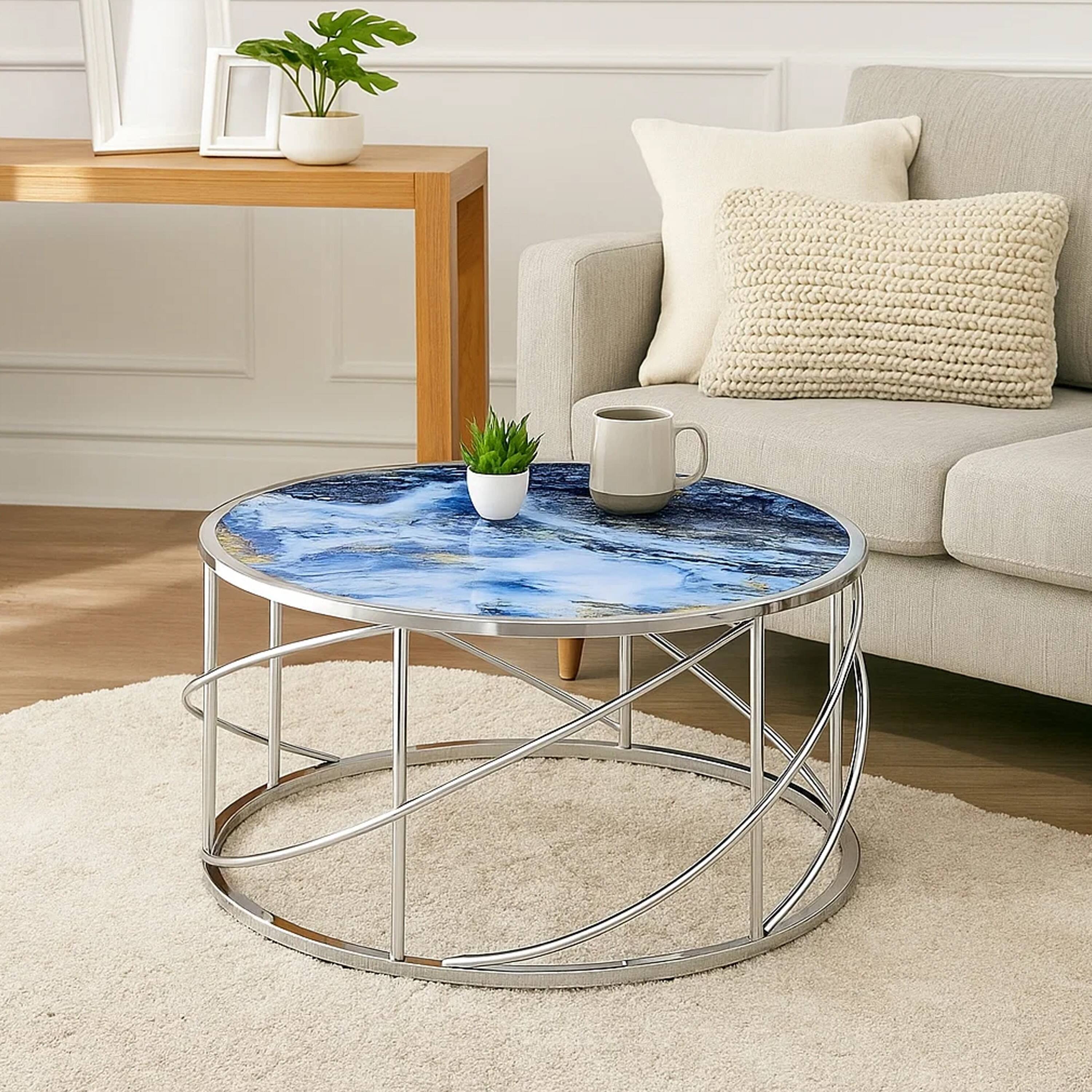 Alt View 6. Manhattan Lane - Shira Round Coffee Table, 33 Inch, Open Chrome Base, Blue Faux Marble - Blue, Chrome.