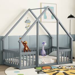 GOODSILO - House-Shaped Twin Floor Bed with Safety Fence and Guardrails for Children's Playful Sleep Space - Gray