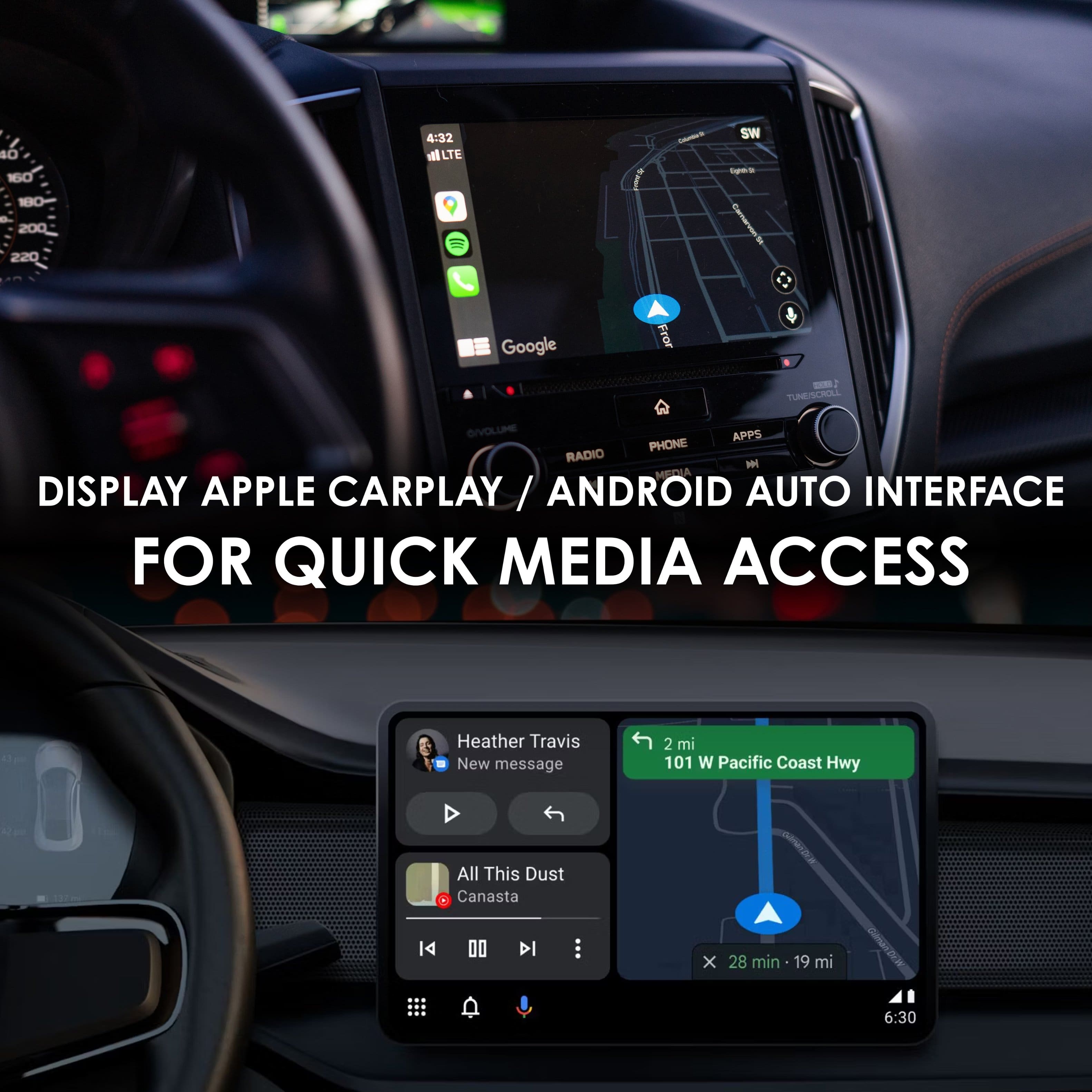 The text on the image is:
"Display Apple CarPlay / Android Auto Interface for Quick Media Access"
This text is related to the car's dashboard and the features it offers, such as Apple CarPlay and Android Auto, which allow users to access various media and apps while driving. The text also suggests that the car's display is designed for quick media access, making it easier for drivers to navigate and use the car's entertainment system.