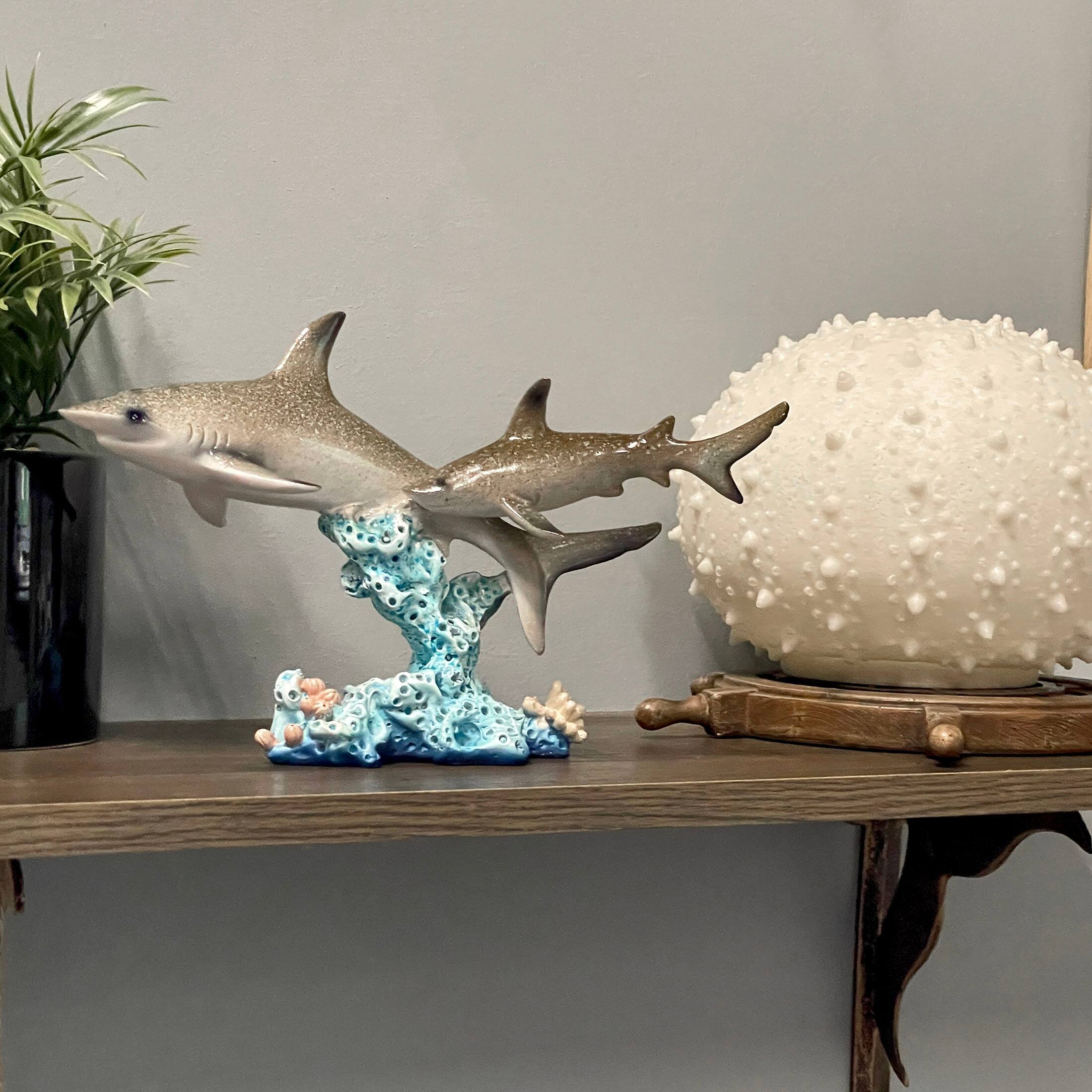 Alt View 5. Things2Die4 - Double Sharks on Coral Statue 10" Hand-Painted Ocean Marine Decor - Multicolored.