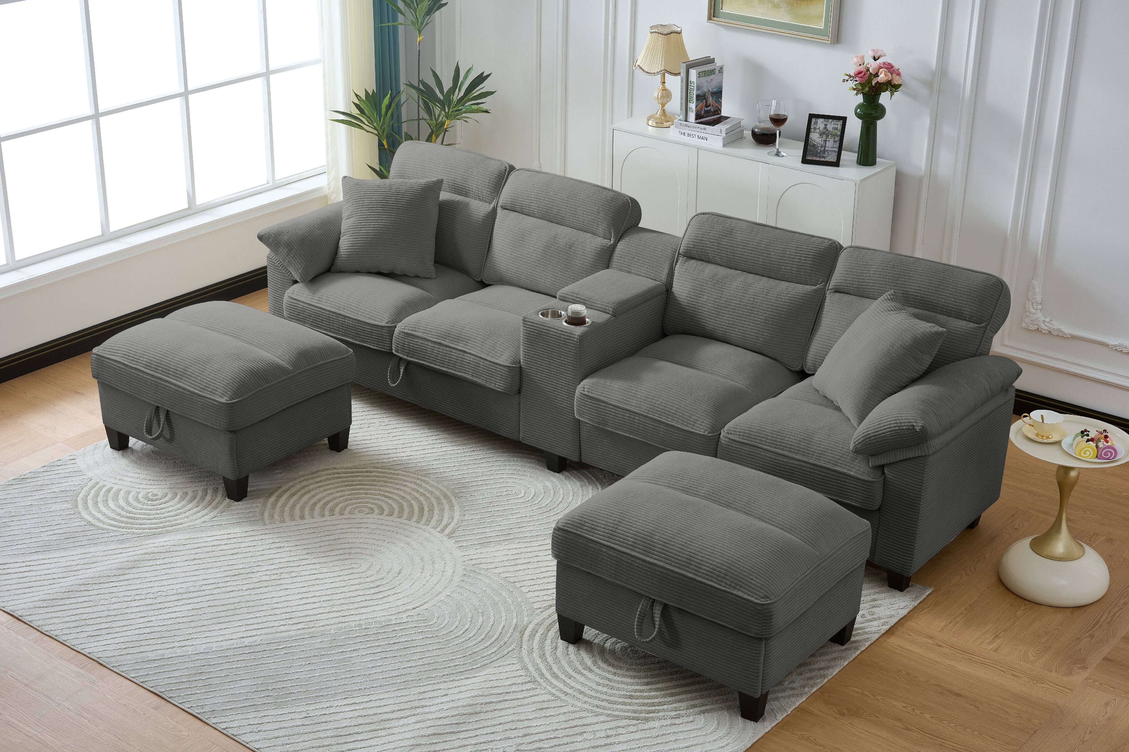 Angle. Electra Tech Xpress - FREEHOMAE-117-inch corduroy U-shaped sofa - DARY  GRAY.