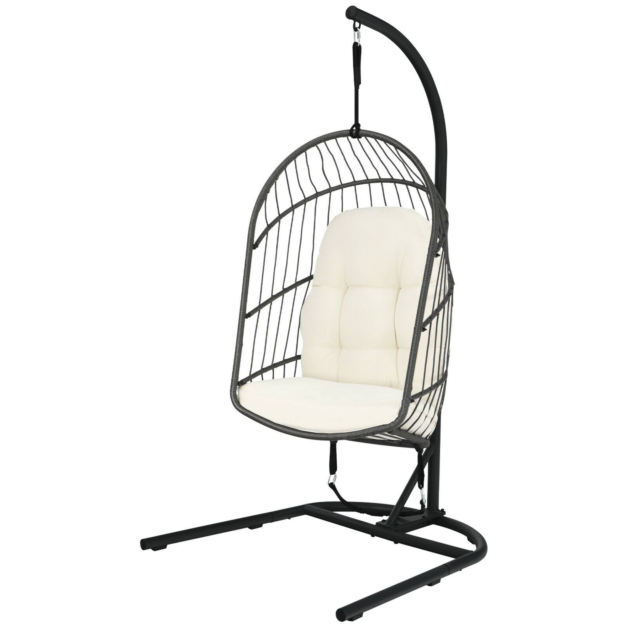 Alt View 8. Gymax - Gymax Hanging Hammock Egg Chair Patio Rattan Swing Chair w/ Stand & Beige Cushions - Beige.