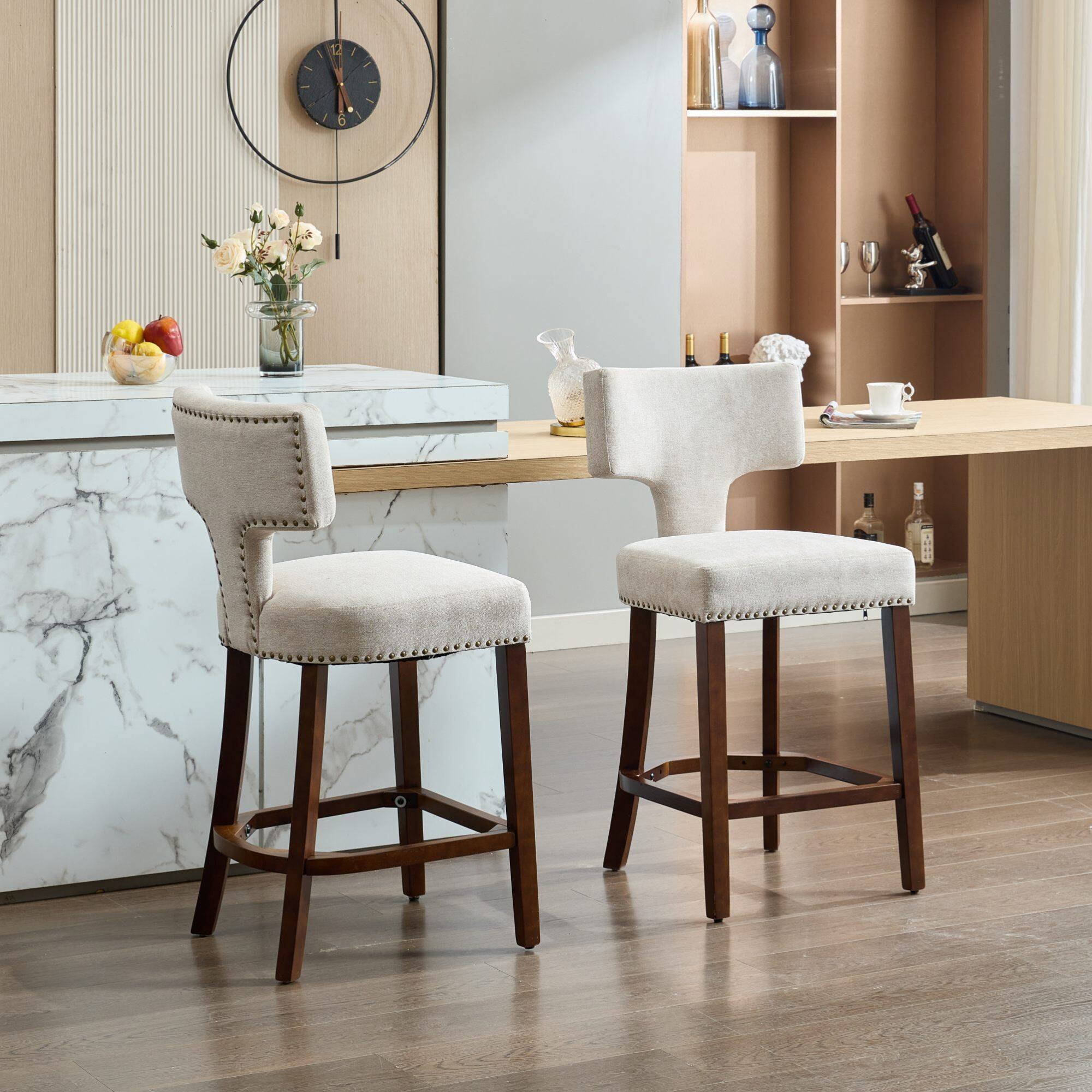 Alt View 9. GOODSILO - Modern Counter Height Bar Stools Set of 2, Farmhouse Upholstered Accent Chairs with Curved Backrest and Hardwood Frame - Beige.