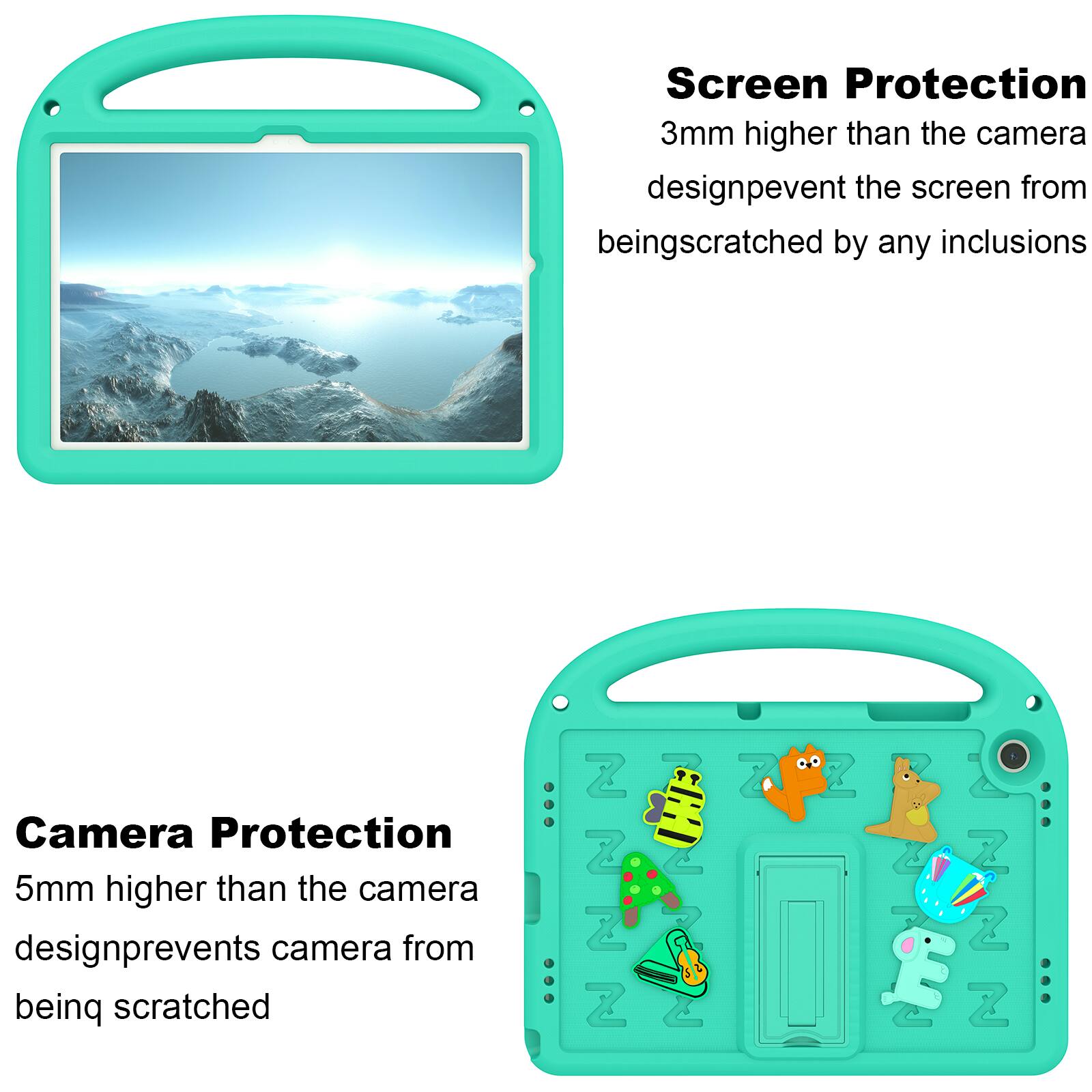 Screen Protection  
3mm higher than the camera design prevents the screen from being scratched by any inclusions

Camera Protection  
5mm higher than the camera design prevents camera from being scratched
