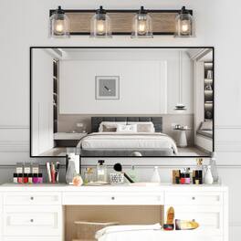 LUCKY ONE - 32in Wall Mount Vanity Light, 4-Light Farmhouse Wood Sconce with Seeded Glass Shades - Black