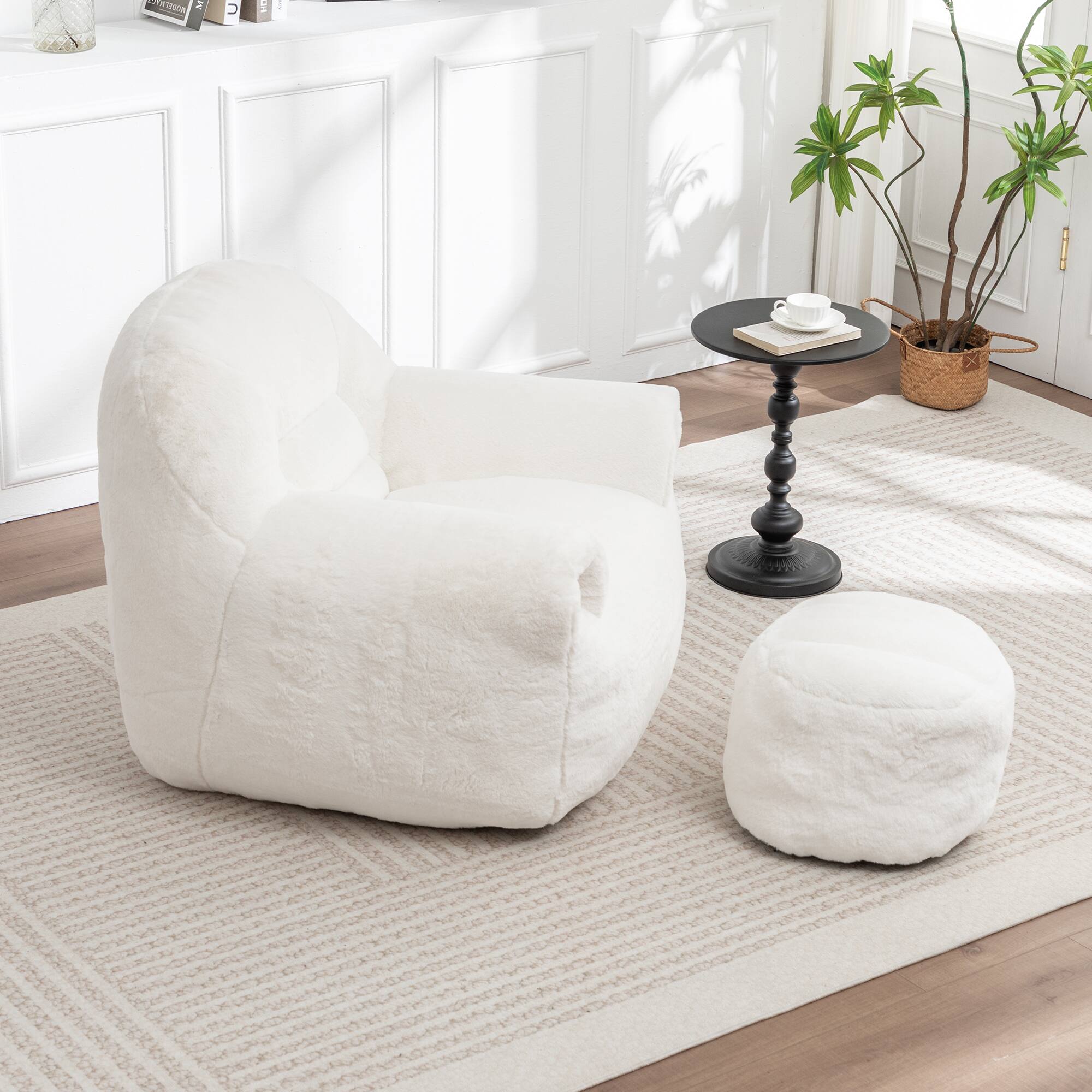 Alt View 2. GOODSILO - Comfy Bean Bag Chair with Back Support & Footstool | Soft Faux Fur Floor Sofa for Adults & Kids - White.