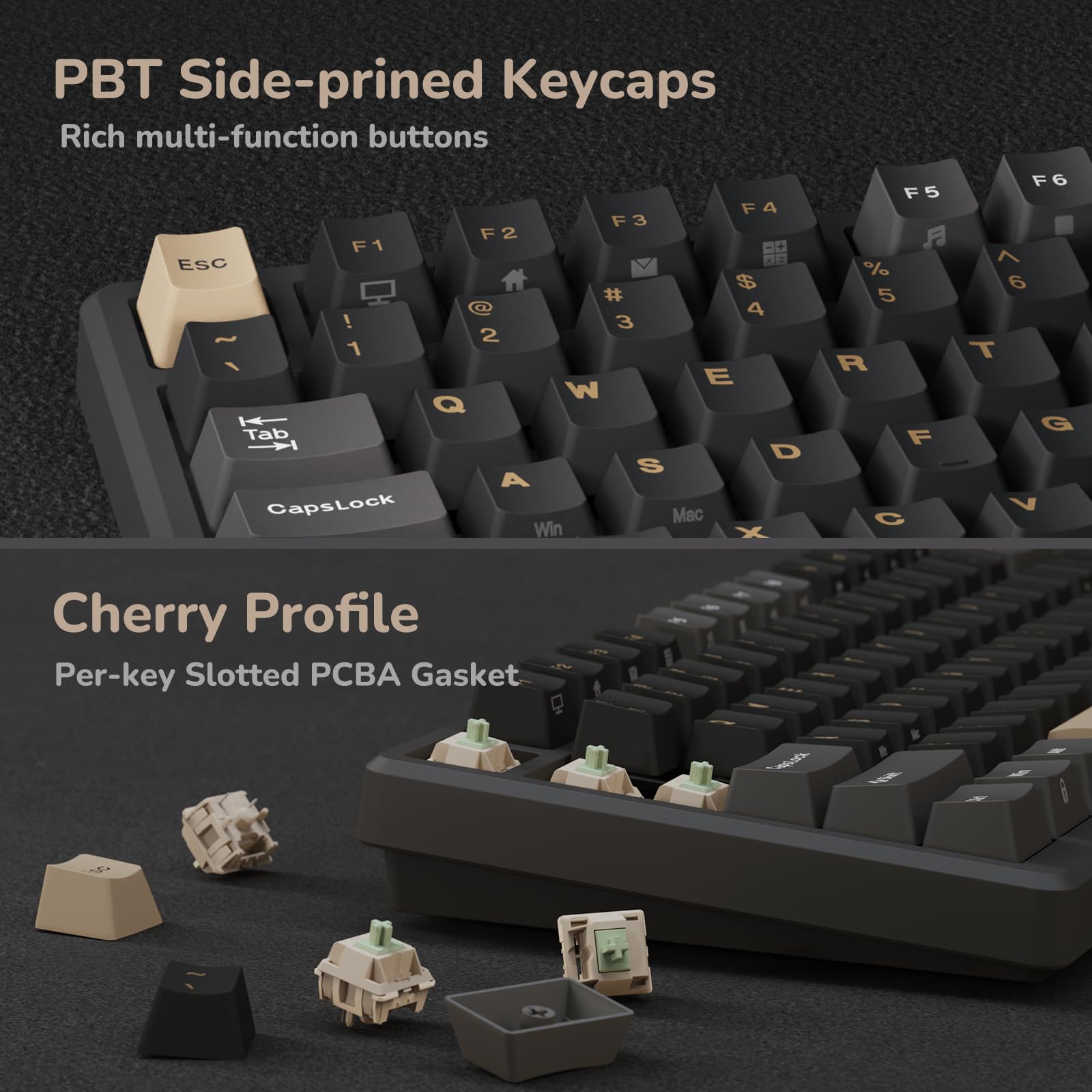 PBT Side-prined Keycaps  
Rich multi-function buttons

Cherry Profile  
Per-key Slotted PCBA Gasket