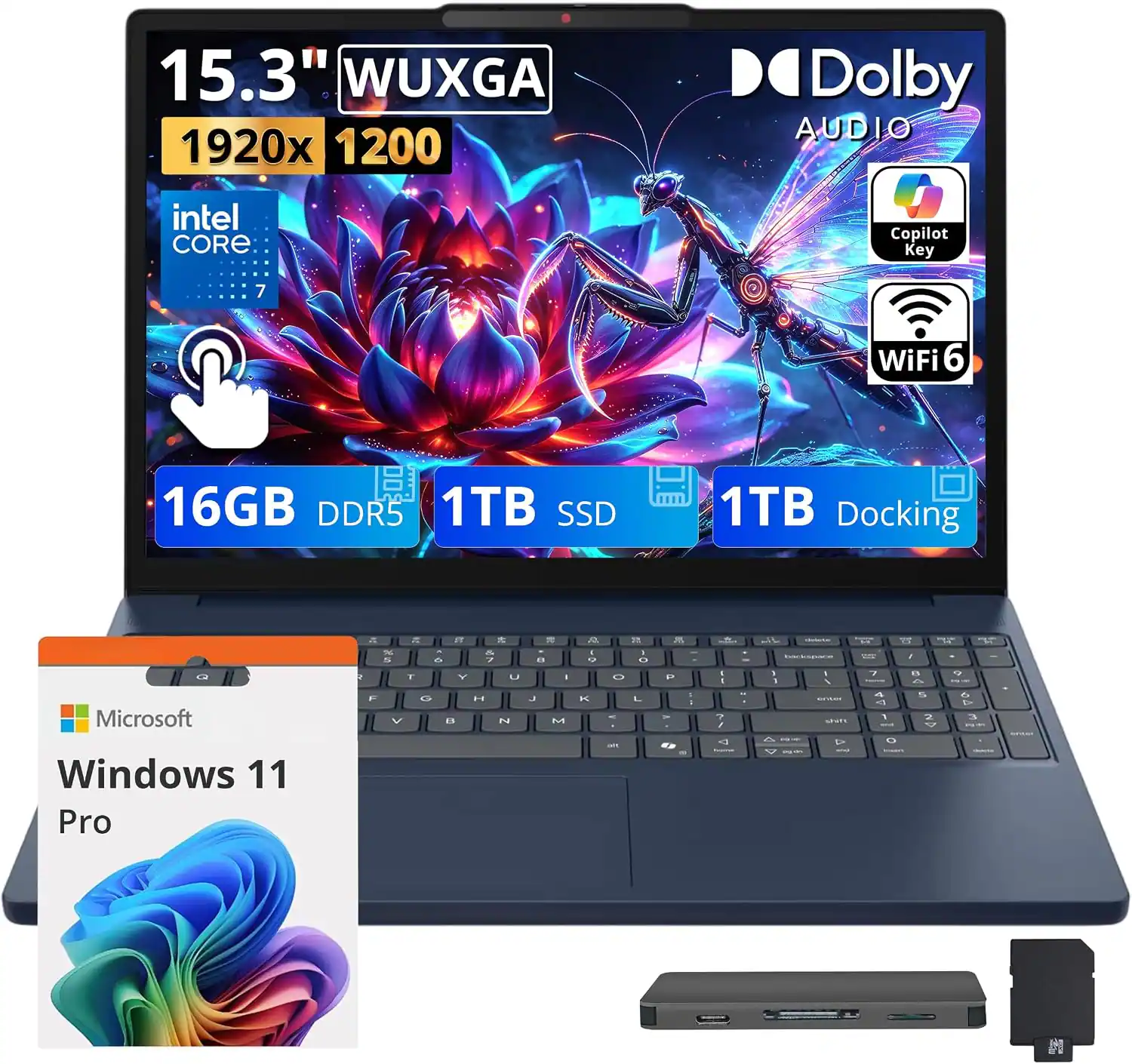 15.3" WUXGA 1920x1200  
Dolby AUDIO  
Intel CORE i7  
Copilot Key  
WiFi 6  
16GB DDR5 1TB SSD  
1TB Docking  
Microsoft Windows 11 Pro