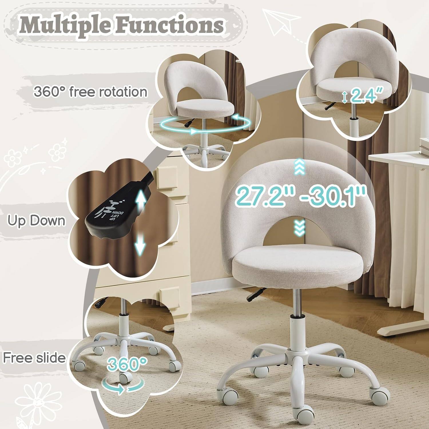 Multiple Functions  
360° free rotation  
Up Down  
2.4"  
27.2" - 30.1"  
Free slide  
360°