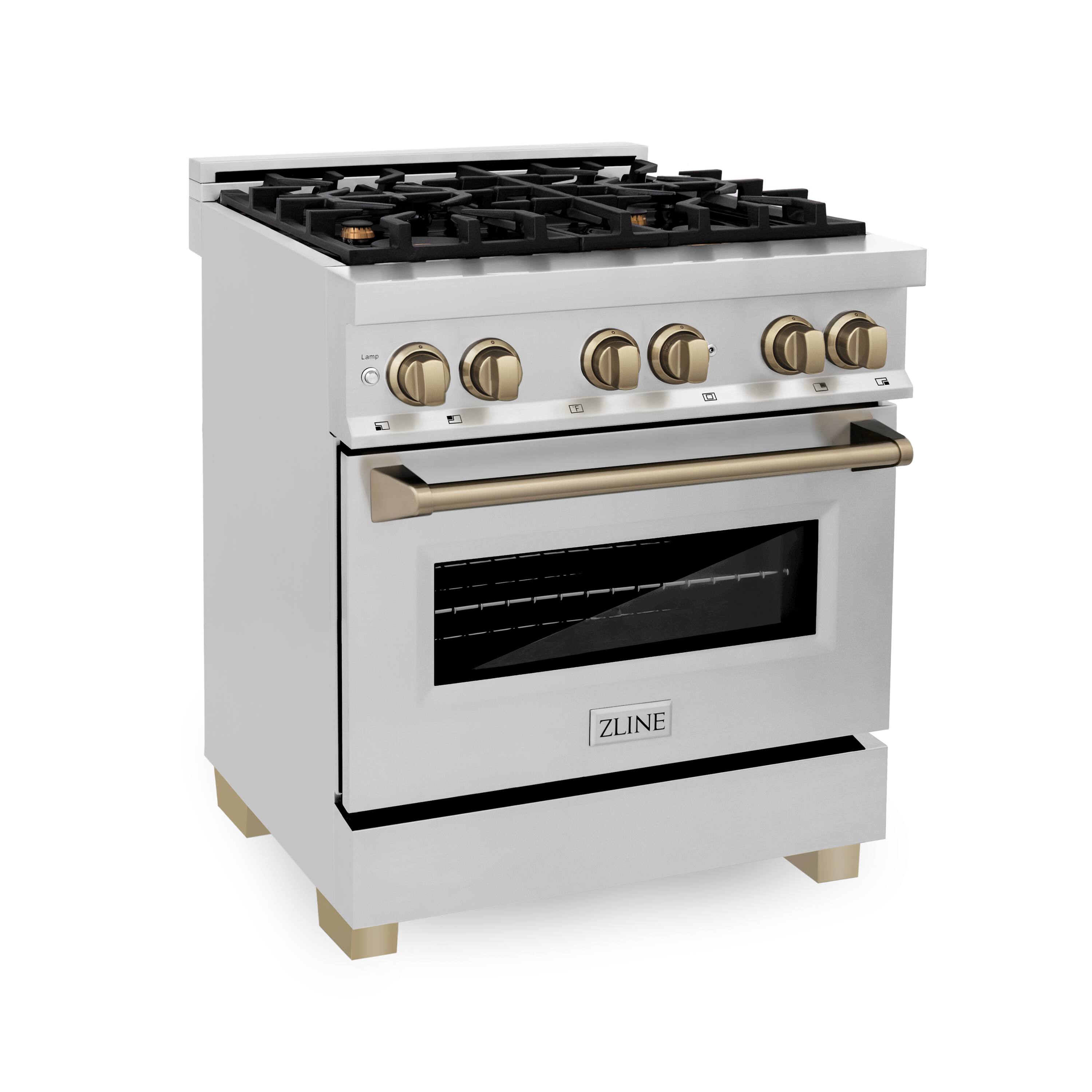 Angle. ZLINE - Autograph 30" Legacy Dual Fuel Range w/ 4 Burners & Champagne Bronze Accents (RAZ-30-CB) - Stainless steel.