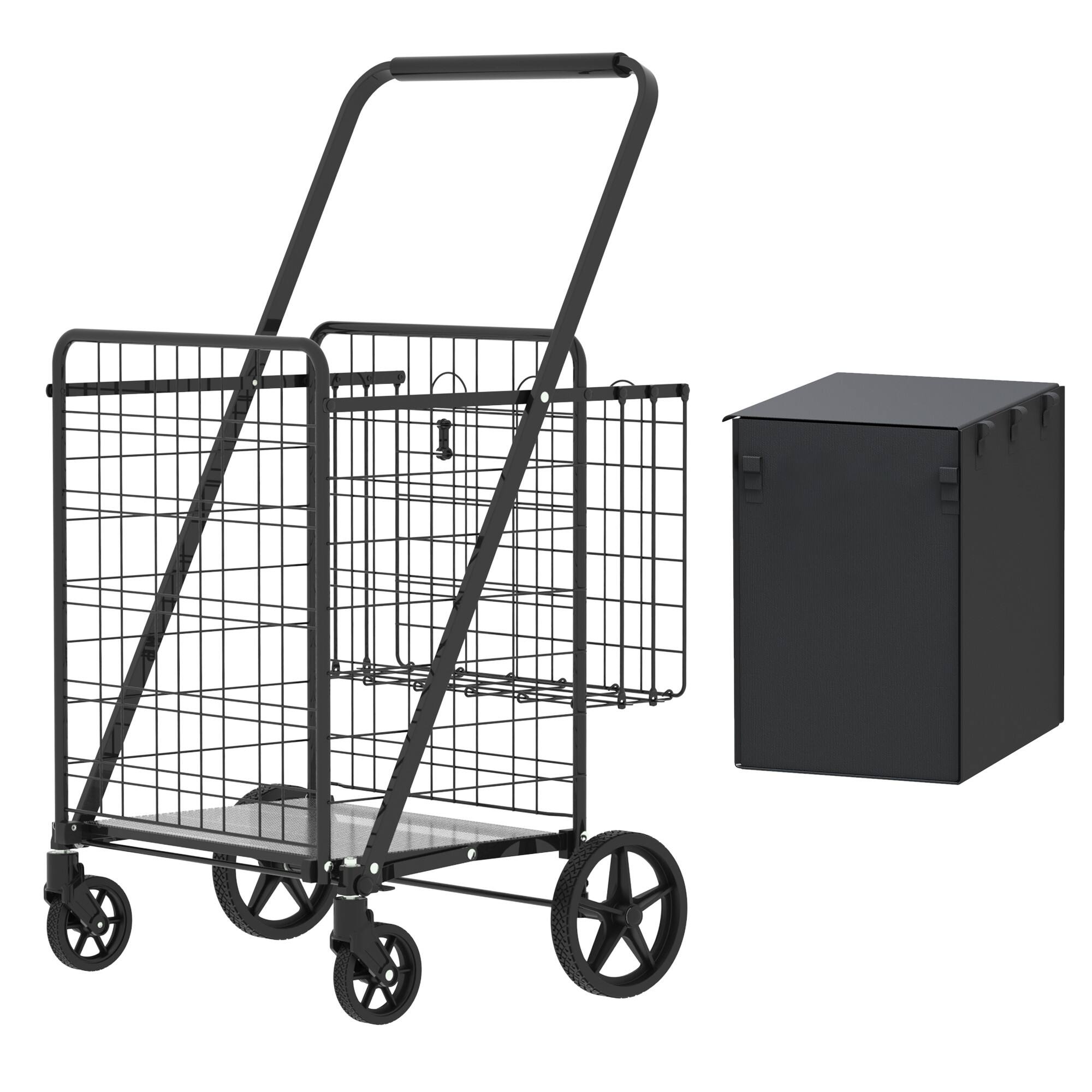 Alt View 10. Glintex - Extra Large Shopping Cart,Foldable Utility Shopping Carts with Double Basket and 360° Rolling Swivel Wheels - Antique Black.