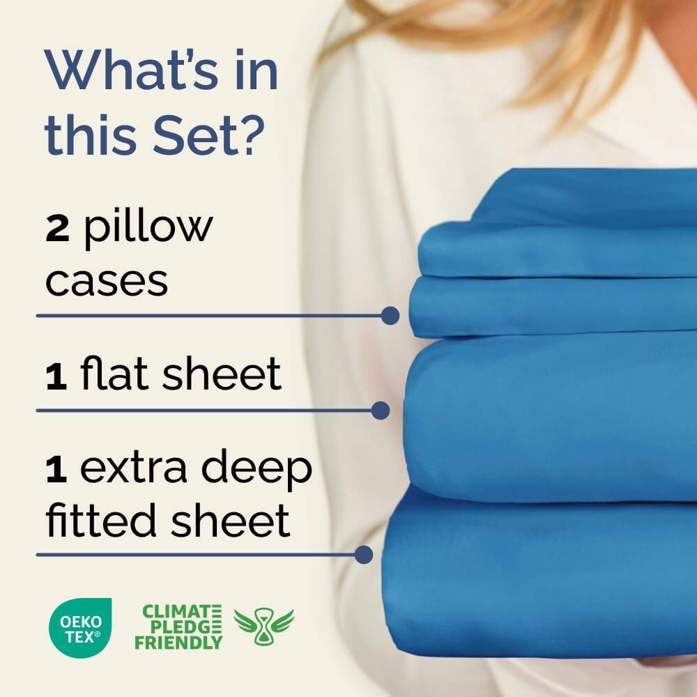 What's in this Set?

- 2 pillow cases
- 1 flat sheet
- 1 extra deep fitted sheet

CLIMATE PLEDGE FRIENDLY

OEKO TEX