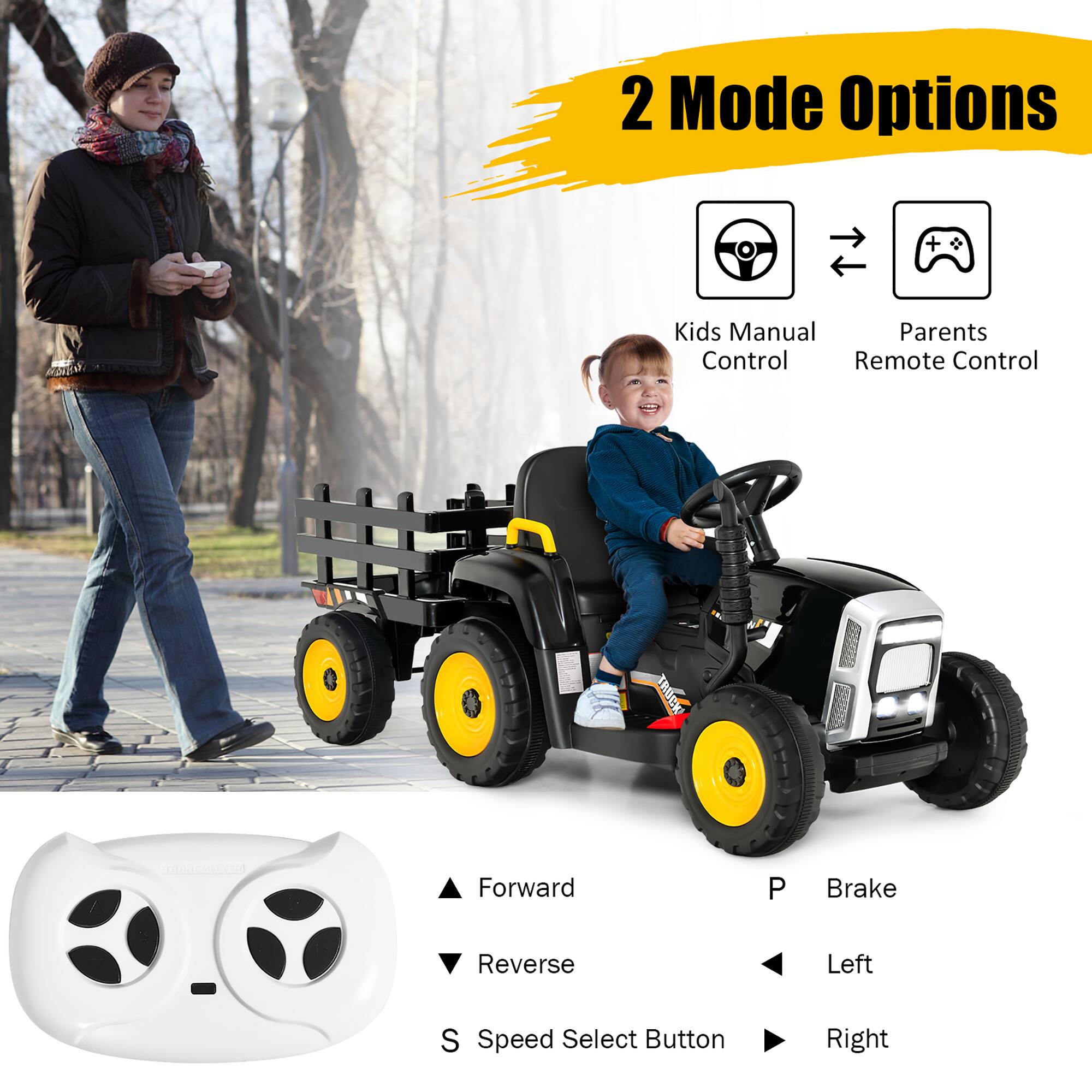 2 Mode Options

Kids Manual Control  
Parents Remote Control

Forward  
Reverse  
Left  
Right  
P Brake  
S Speed Select Button