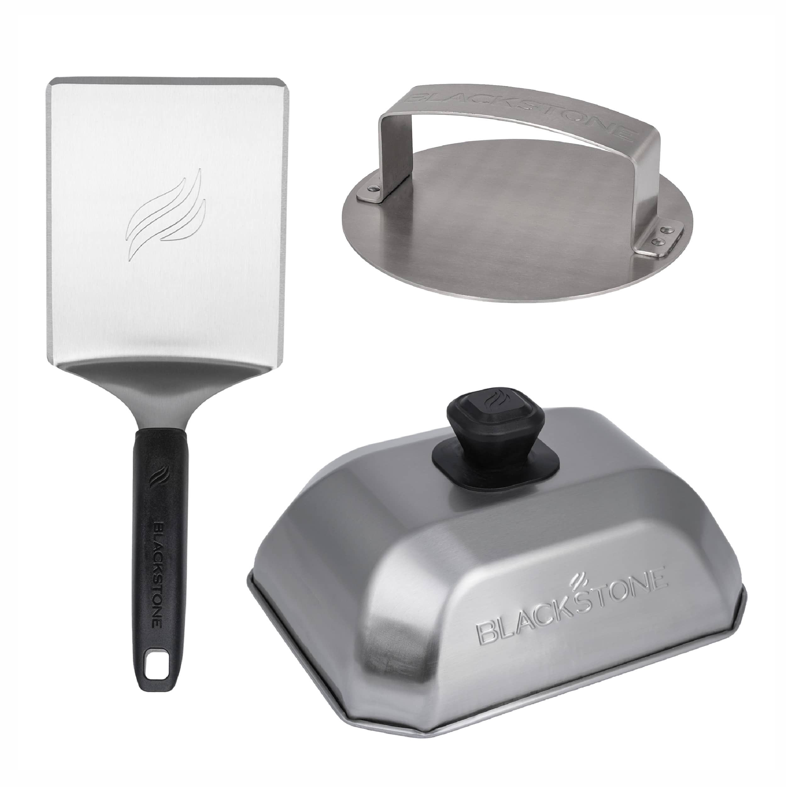 The image features a variety of Blackstone cooking tools, including a spatula, a griddle, and a grill. The spatula is made of stainless steel and has a black handle. The griddle is also made of stainless steel and has a black handle. The grill is also made of stainless steel and has a black handle. These tools are designed for use with the Blackstone portable grill, providing a convenient and efficient way to cook food outdoors.
