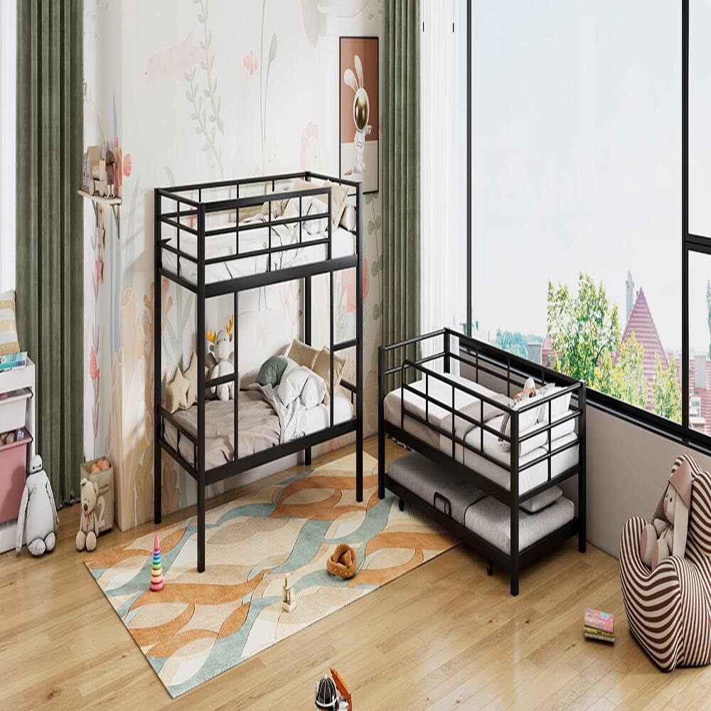 Alt View 8. Loheer - Loheer Metal Twin Size Triple Bunk Bed with Trundle Black Heavy Duty Steel 3 Tier Bunk Bed Space-Saving Design - Black.