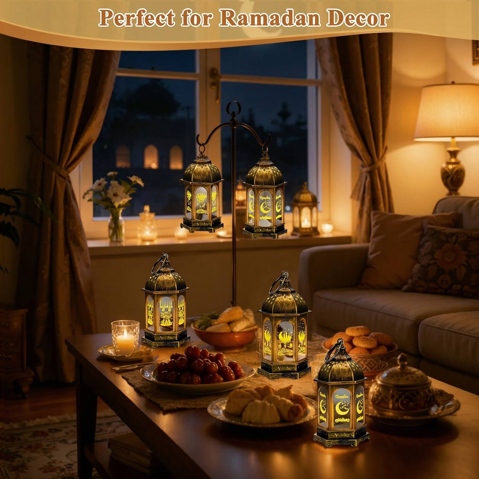 IMAGE 8 Pcs Mini Moroccan Hanging Lanterns with LED Lights Brushed ...