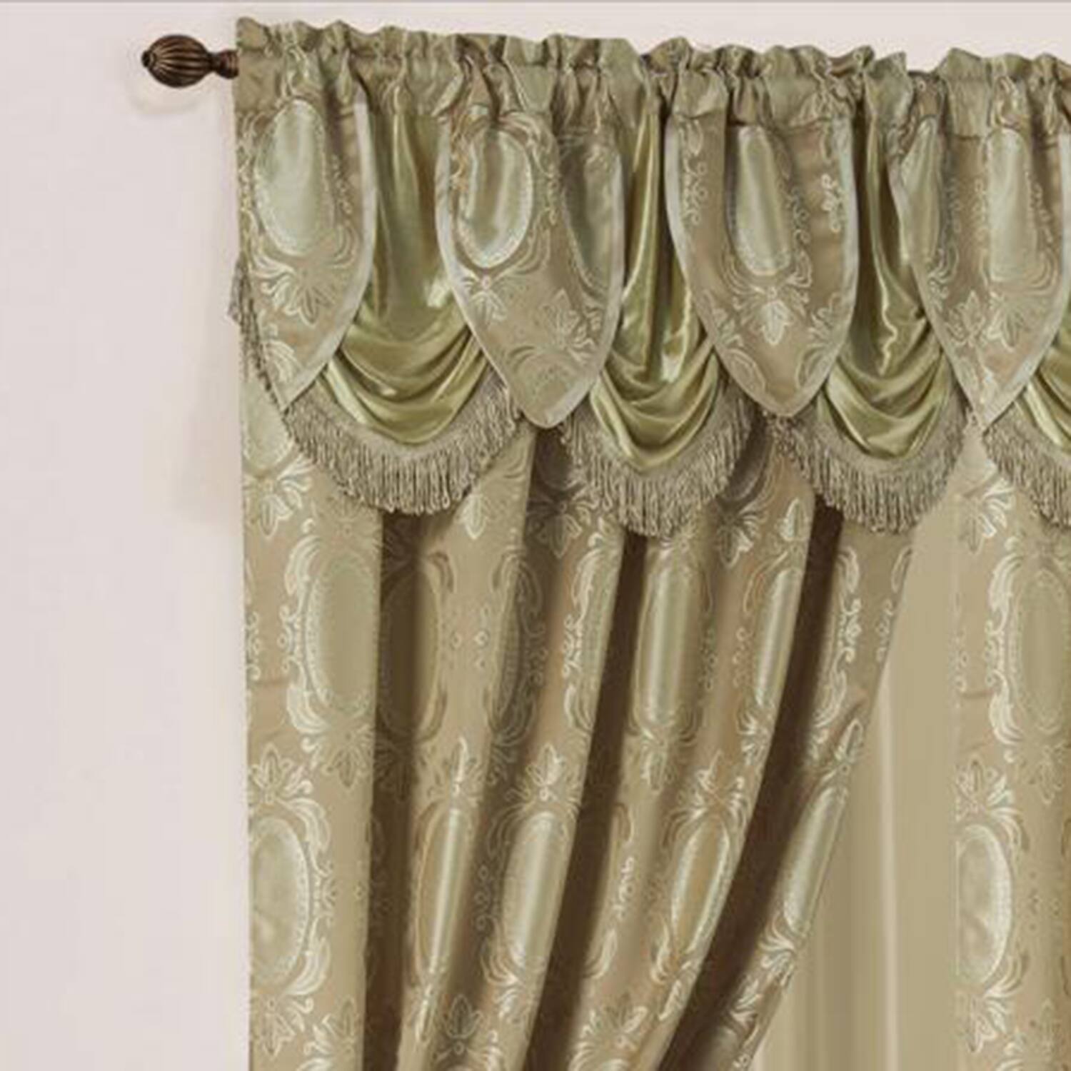 Angle. Olivia Gray - Olivia Gray Kenyon Damask Textured Jacquard Single Rod Pocket Curtain Panel Valance in 54 x 84 Taupe - Taupe.