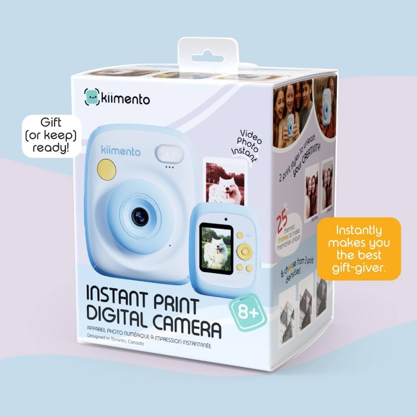 Sure, here is the corrected and grouped text from the image:

---

**kiimento**

**Gift (or keep) ready!**

**INSTANT PRINT DIGITAL CAMERA**

**8+**

**Designed in Toronto, Canada**

**Video Photo Instant**

**25 frames to create memories**

**Instantly makes you the best gift-giver.**

**APPAREIL PHOTO NUMÉRIQUE À IMPRESSION INSTANTANÉE**

**8+**

**Designed in Toronto, Canada**

---

This text is grouped and corrected based on the visible elements in the image.