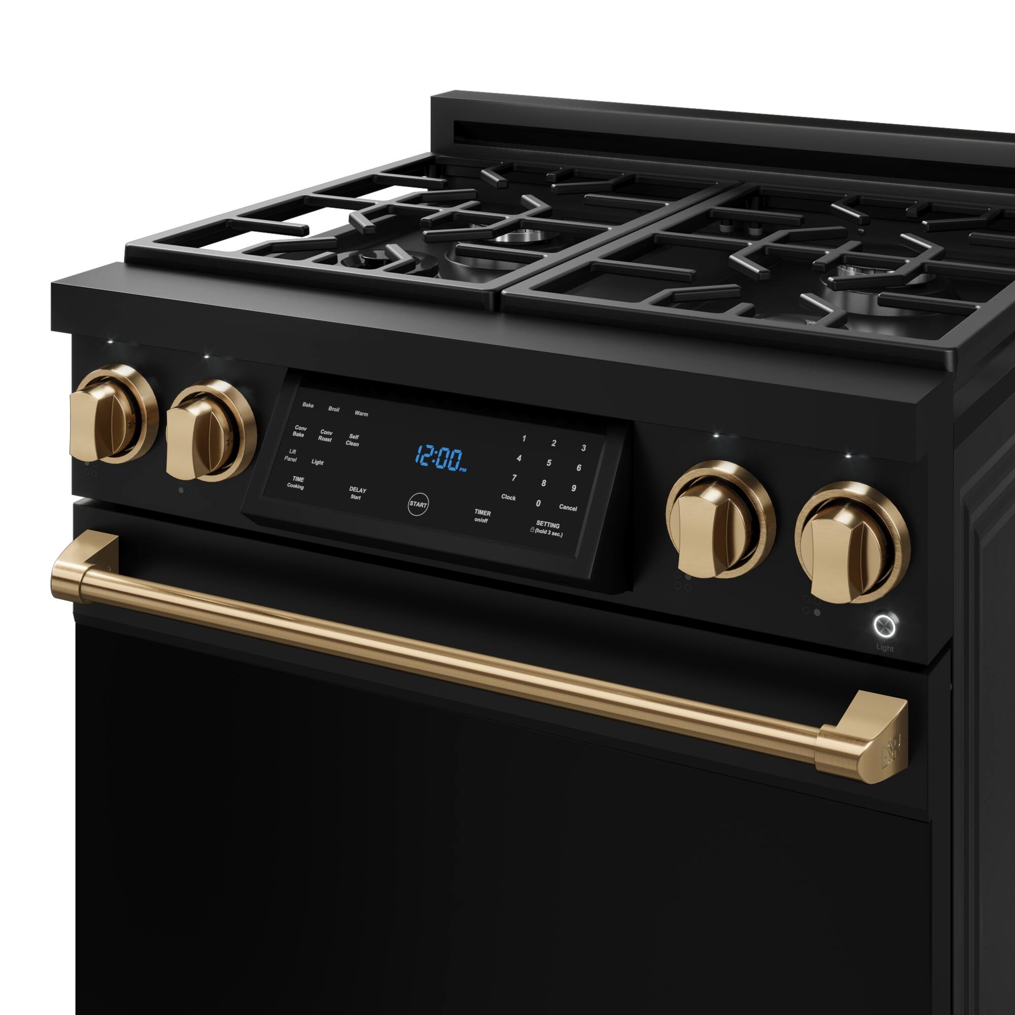 The image shows a black stove with a digital clock on the front. The clock displays the time as 12:00.