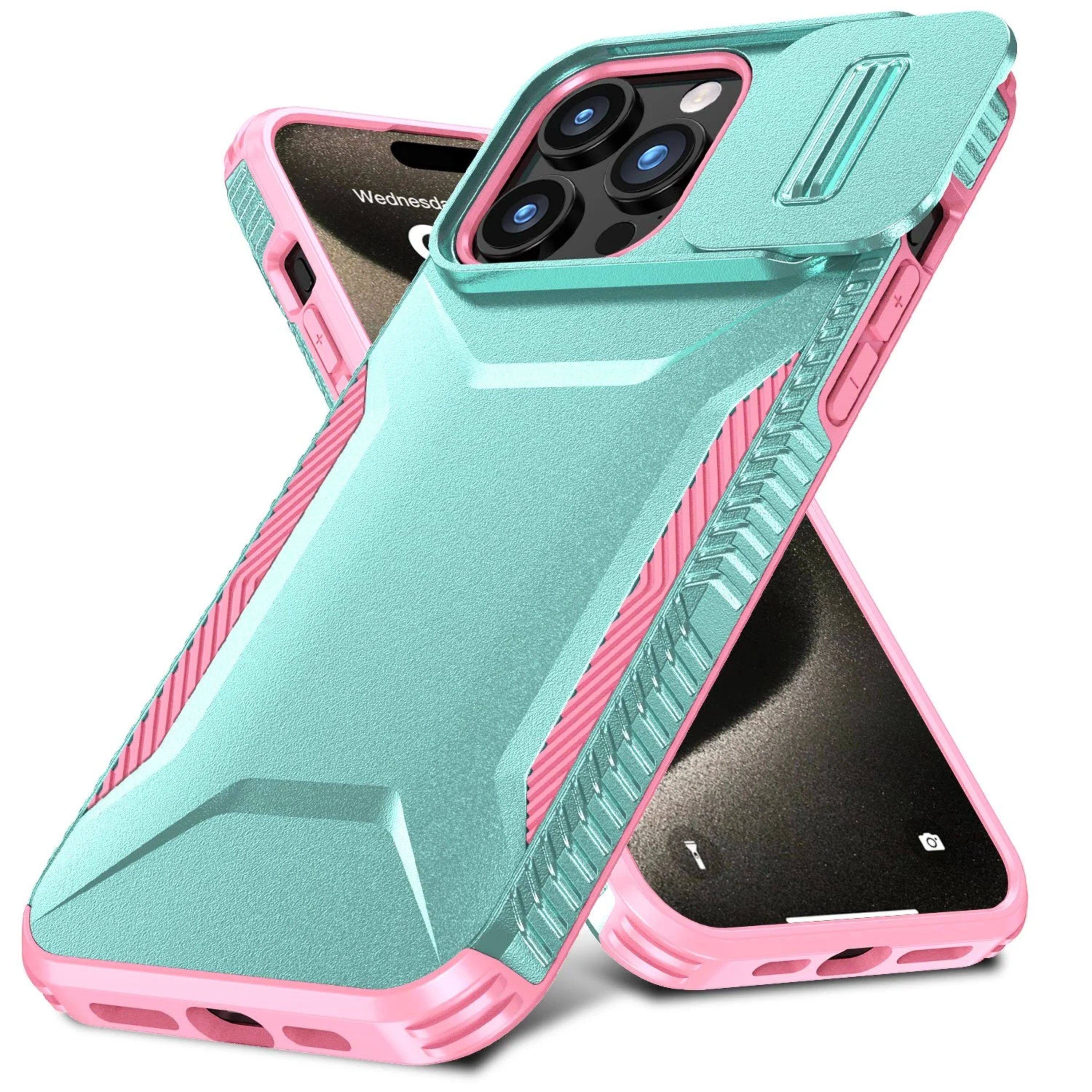 Angle. Kitcheniva - Rugged Sliding Lens Cover Case With Tempered Glass For iPhone 15 Pro Max Teal/Pink - Teal and Pink.