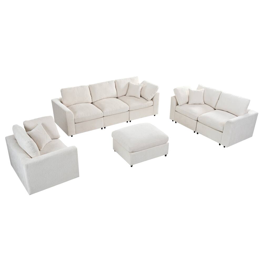 Left. Loheer - Loheer 4-Piece Modular Sofa Set Chenille Deep Seat Living Room Couch with Ottoman - Beige.
