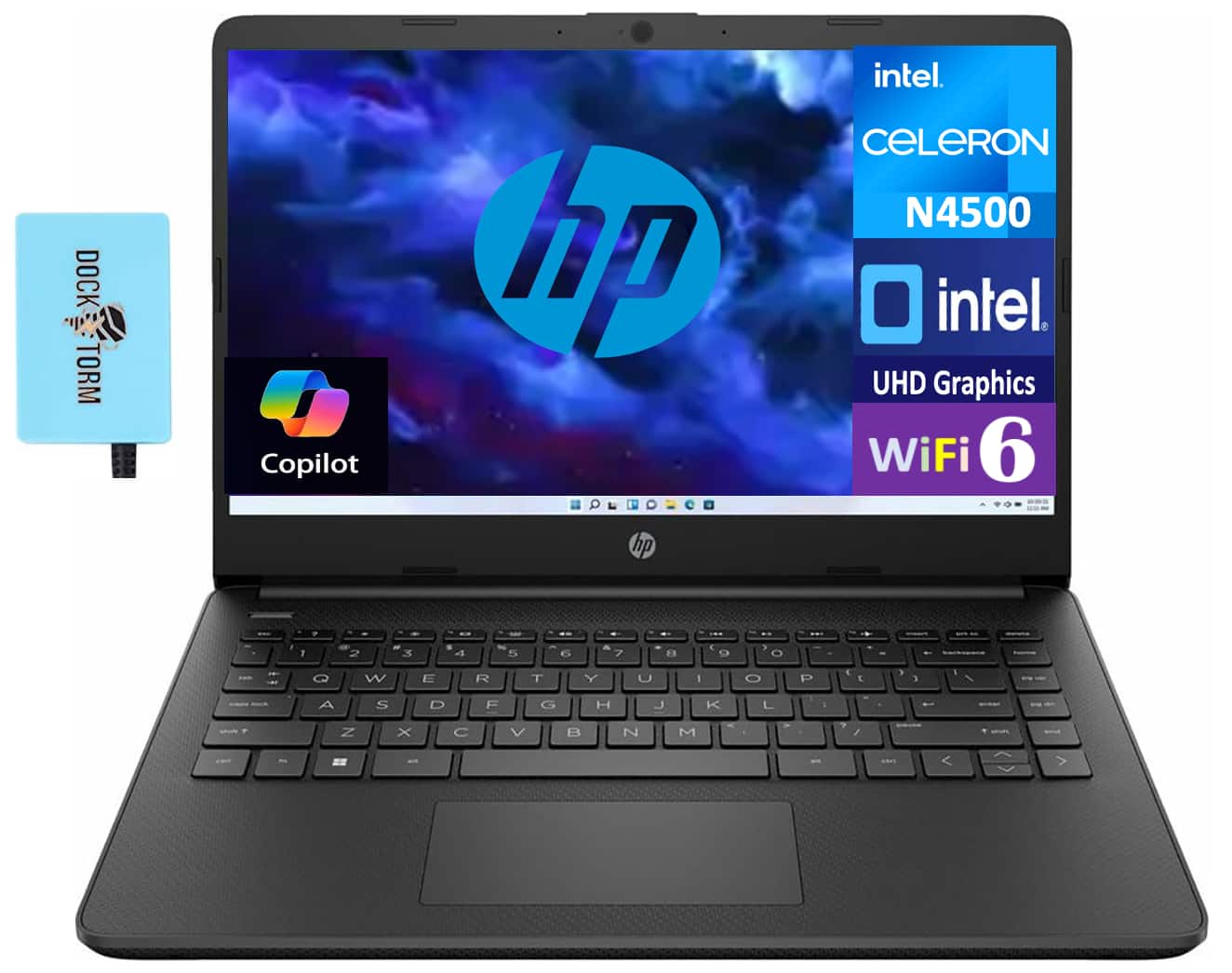 HP - 14 Laptop 14.0 HD (Intel Celeron N4500, 4GB DDR4, 64GB SSD, Intel UHD, Win 11 Home S-Mode) w/USB Hub - Jet Black
