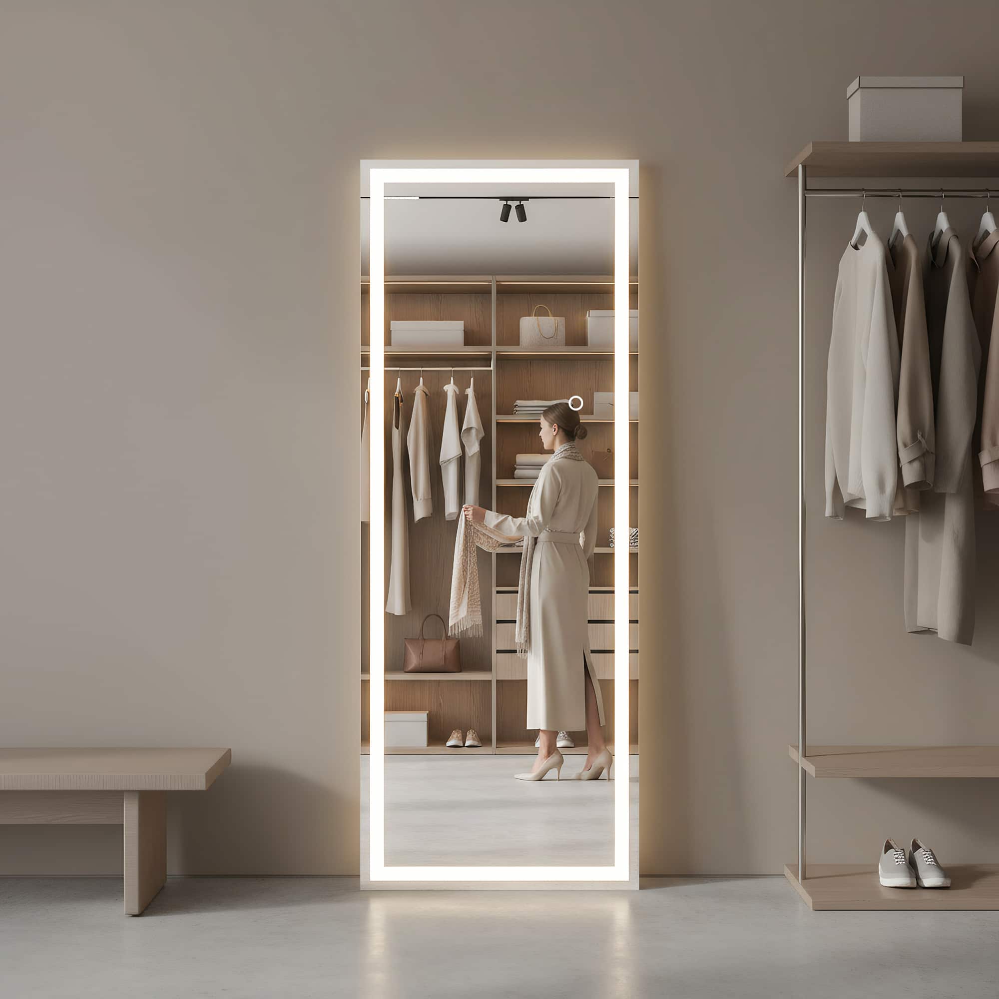 Spaco - 65 x 24 Rectangle Frameless Full-Length Tempered Mirror with Adjustable 3-Color LED Light - Black