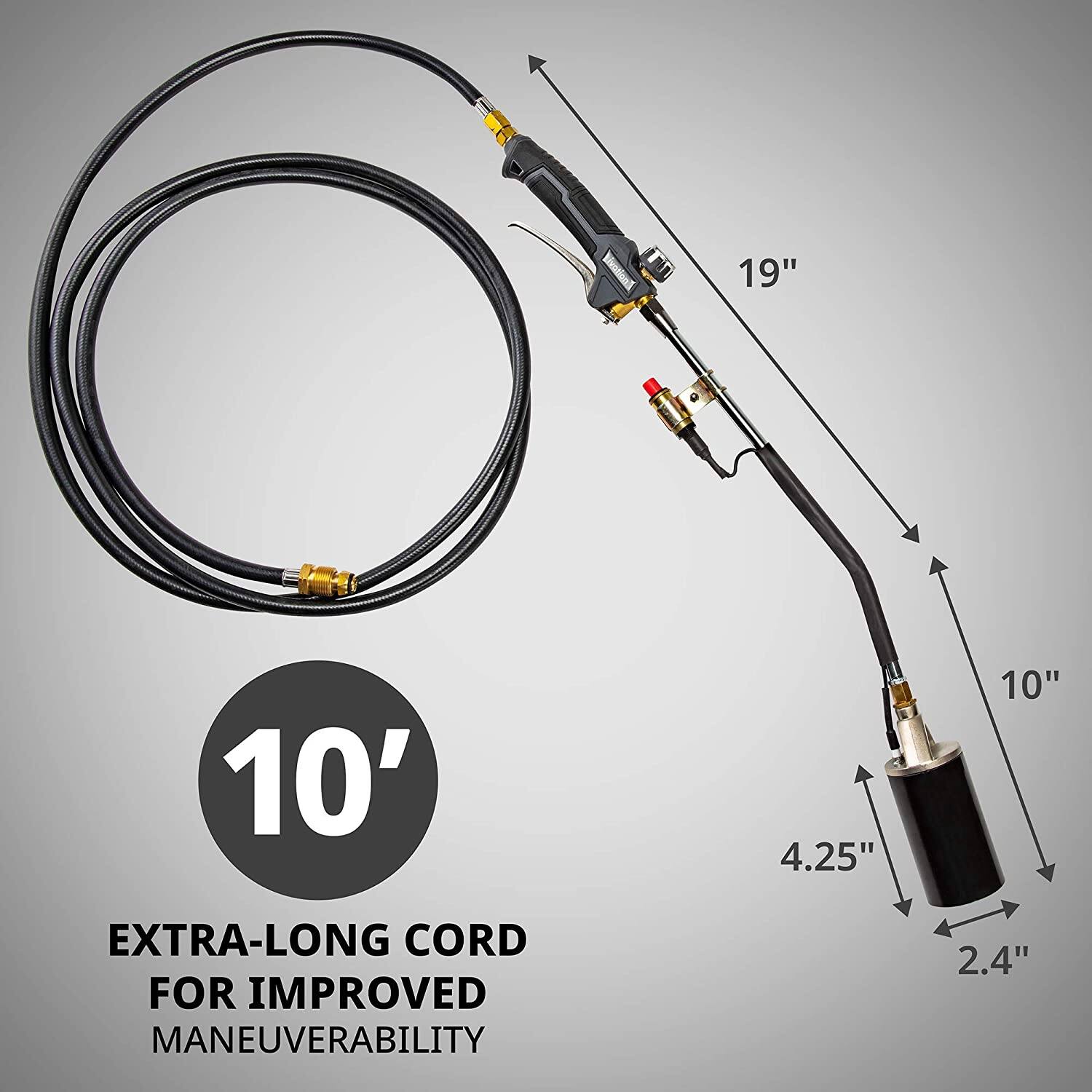 10', 19", 10", 4.25", 2.4", EXTRA-LONG CORD FOR IMPROVED MANEUVERABILITY