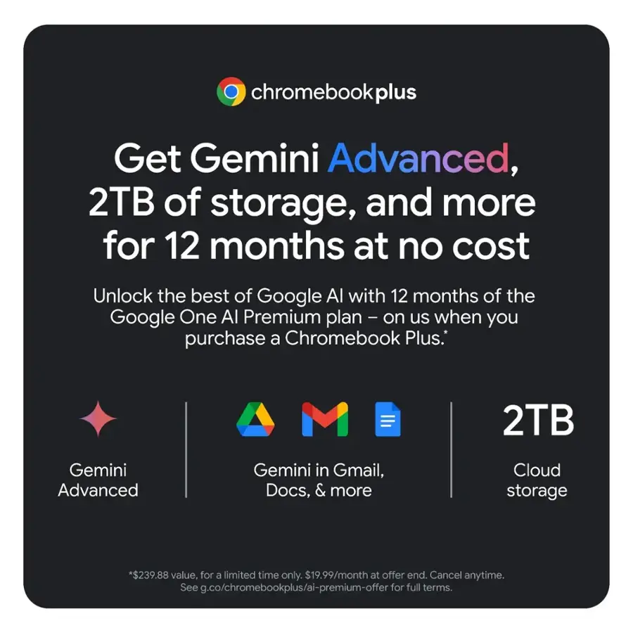 Get Gemini Advanced, 2TB of storage, and more for 12 months at no cost. Unlock the best of Google AI with 12 months of the Google One Al Premium plan - on us when you purchase a Chromebook Plus. 2TB Gemini Advanced Gemini in Gmail, Docs, & more. Cloud storage. *$239.88 value, for a limited time only. $19.99/month at offer end. Cancel anytime. See g.co/chromebookplus/ai-premium-offer for full terms.