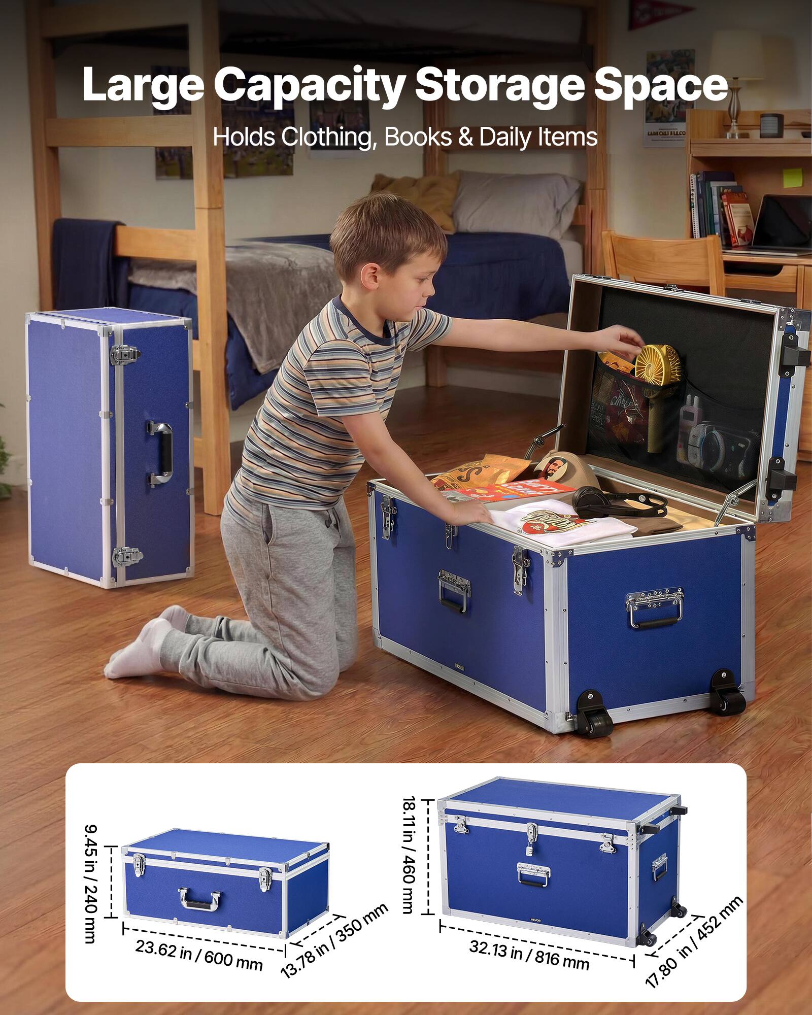 Large Capacity Storage Space  
Holds Clothing, Books & Daily Items  

Dimensions:  
- 18.11 in / 460 mm (Height)  
- 23.62 in / 600 mm (Width)  
- 32.13 in / 816 mm (Length)  
- 9.45 in / 240 mm (Height of smaller box)  
- 13.78 in / 350 mm (Depth of smaller box)  
- 17.80 in / 452 mm (Depth of larger box)
