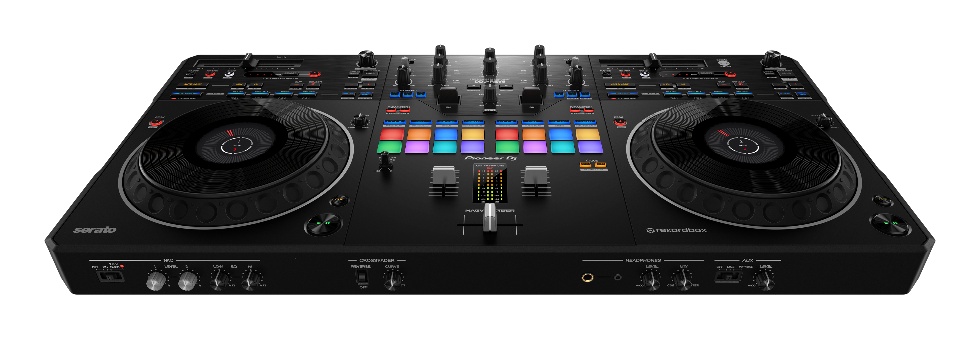 Sure, here is the corrected and grouped text from the image:

- Serato
- rekordbox
- Pioneer DJ
- MAGUVI
- CROSSFADER
- HEADPHONES
- AUX
- LEVEL
- EQ
- FILTER
- CUE
- REVERSE
- ON/OFF
- SYNC
- LOAD
- PLAY
- STOP
- PAUSE
- CUE
- LOOP
- SLIP
- SCRATCH
- PITCH
- MASTER
- GAIN
- BASS
- MID
- TREBLE
- LEVEL
- AUX
- LEVEL
- EQ
- FILTER
- CUE
- REVERSE
- ON/OFF
- SYNC
- LOAD
- PLAY
- STOP
- PAUSE
- CUE
- LOOP
- SLIP
- SCRATCH
- PITCH
- MASTER
- GAIN
- BASS
- MID
- TREBLE
- LEVEL
- AUX
- LEVEL
- EQ
- FILTER
- CUE
- REVERSE
- ON/OFF
- SYNC
- LOAD
- PLAY
- STOP
- PAUSE
- CUE
- LOOP
- SLIP
-