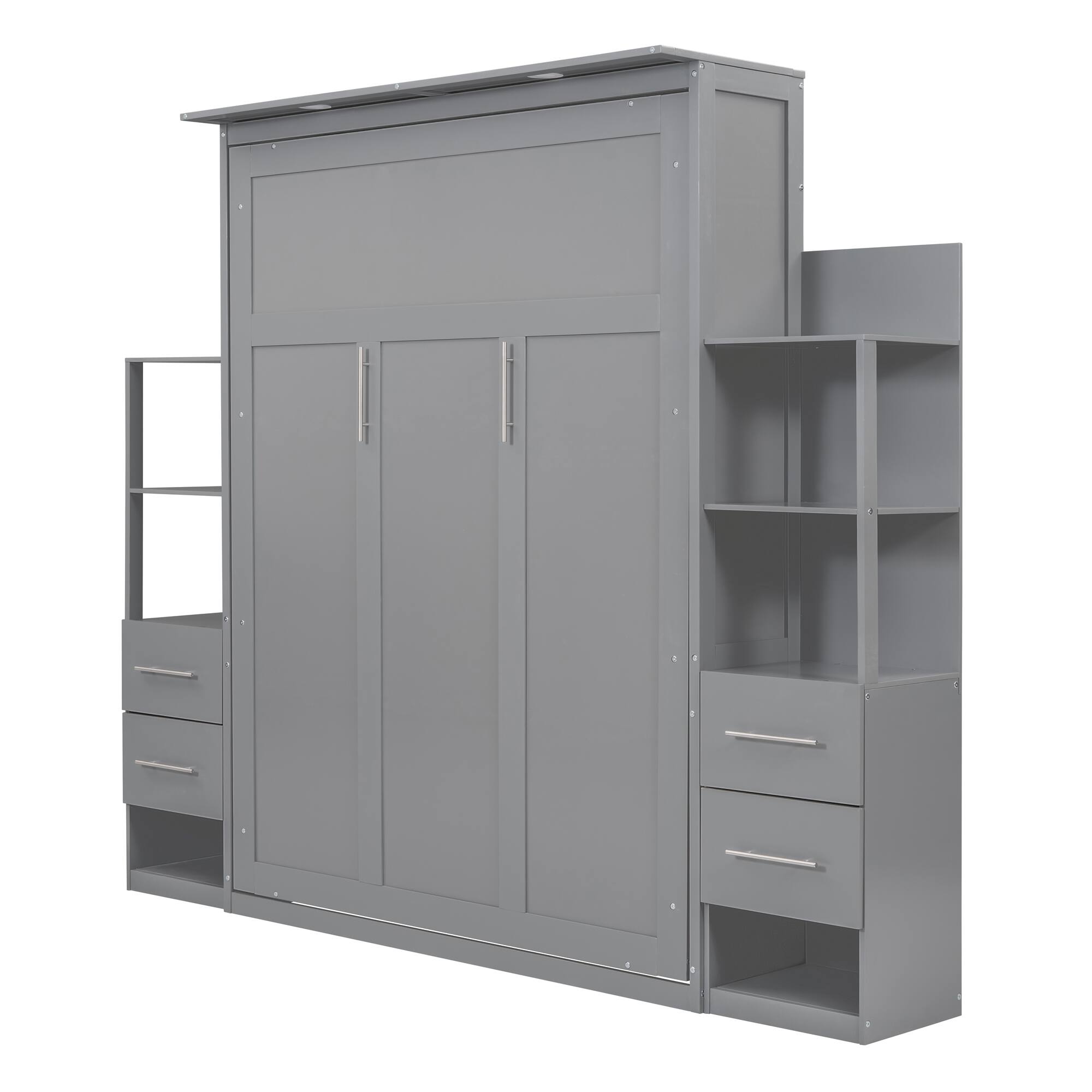 Back. Tiramisubest - Queen Size Murphy Wall Bed w/ Shelves, Drawers, LED Lights, Gray, 88x104x88 inches, 286 lbs - Gray.
