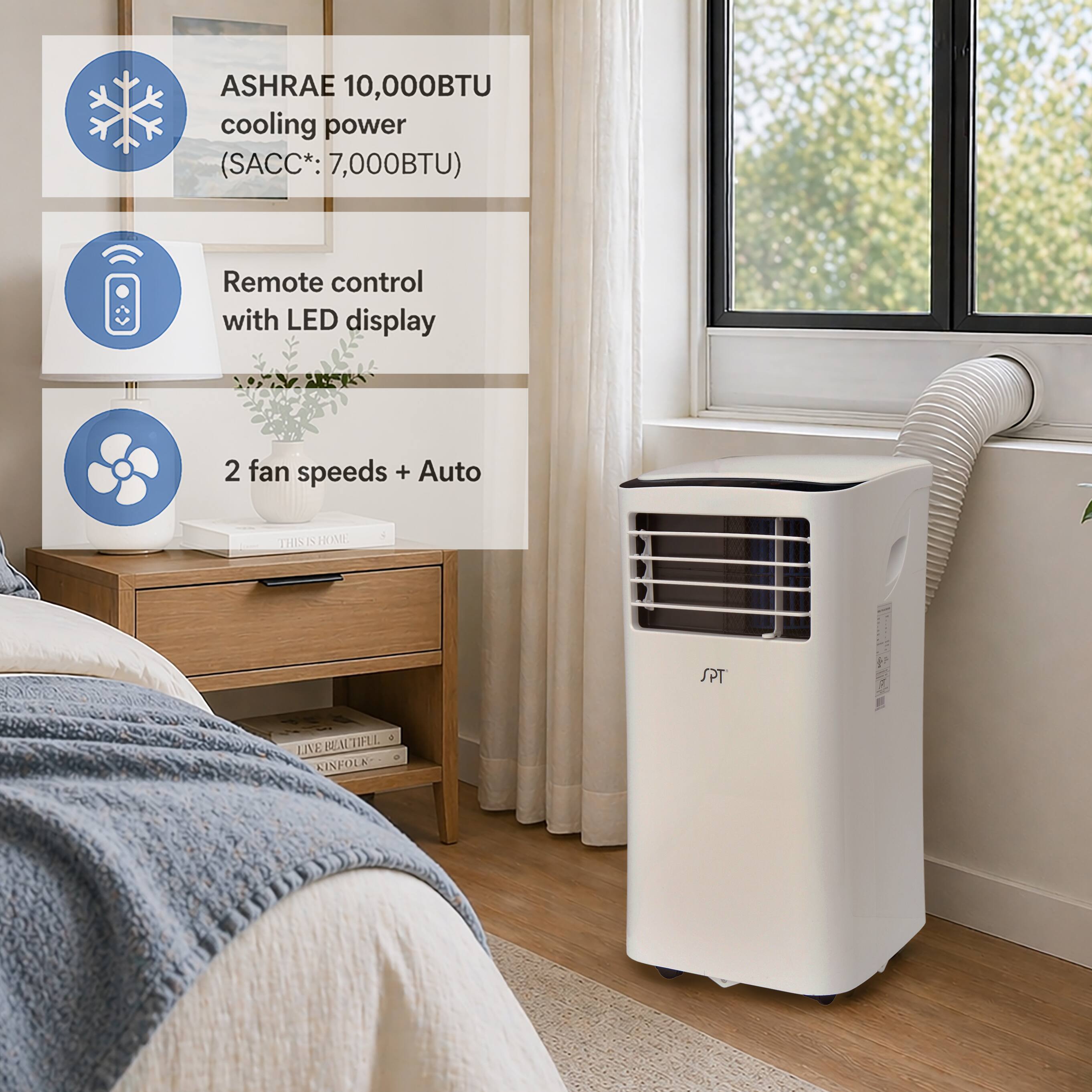 ASHRAE 10,000BTU cooling power (SACC*: 7,000BTU)  
Remote control with LED display  
2 fan speeds + Auto  

THIS HOME A SPT LIE BEAUTIFUL KINFOLK