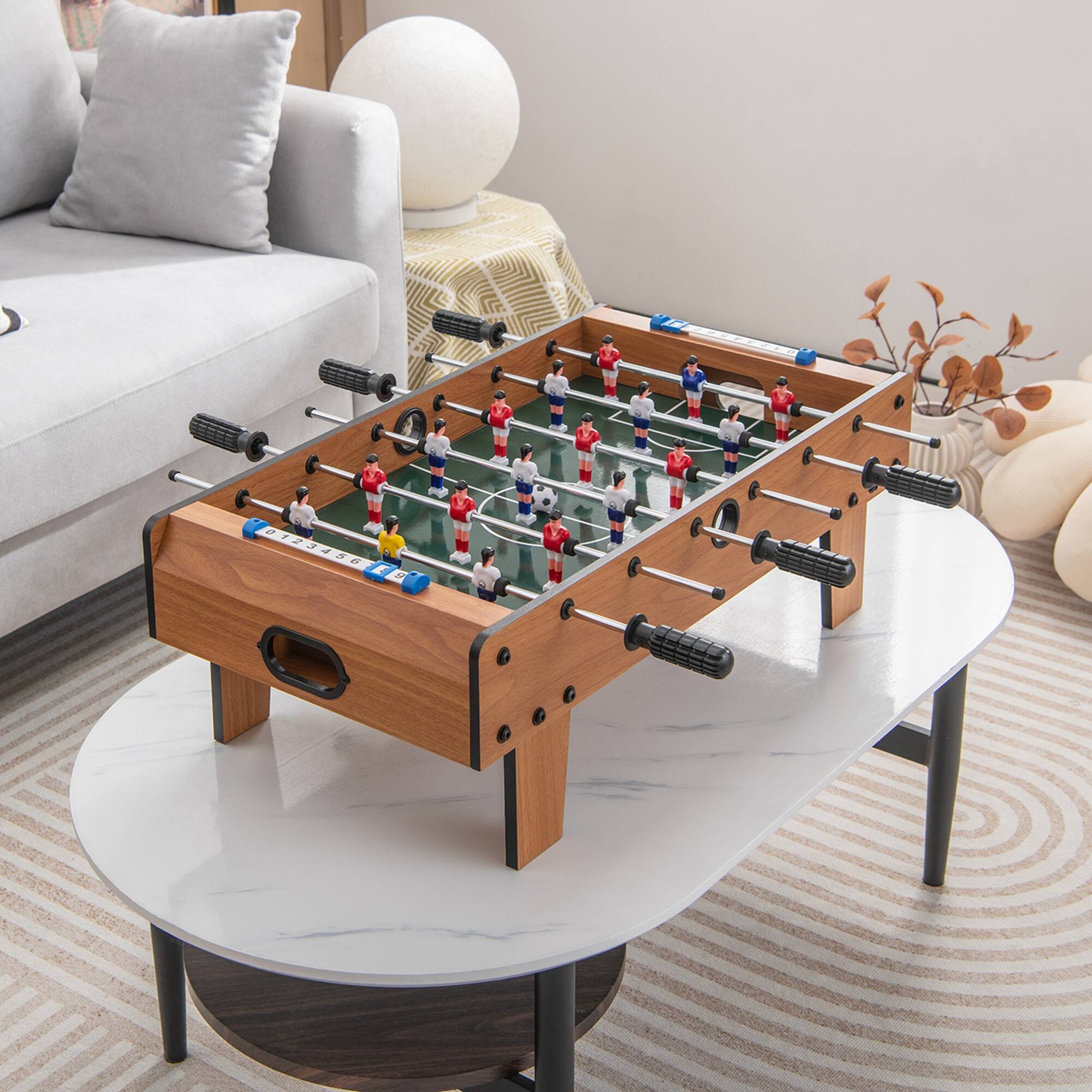 Angle. Costway - Mini Foosball Table, 27in Soccer Game Table w/ 2 Footballs and Soccer Keepers - Natural.