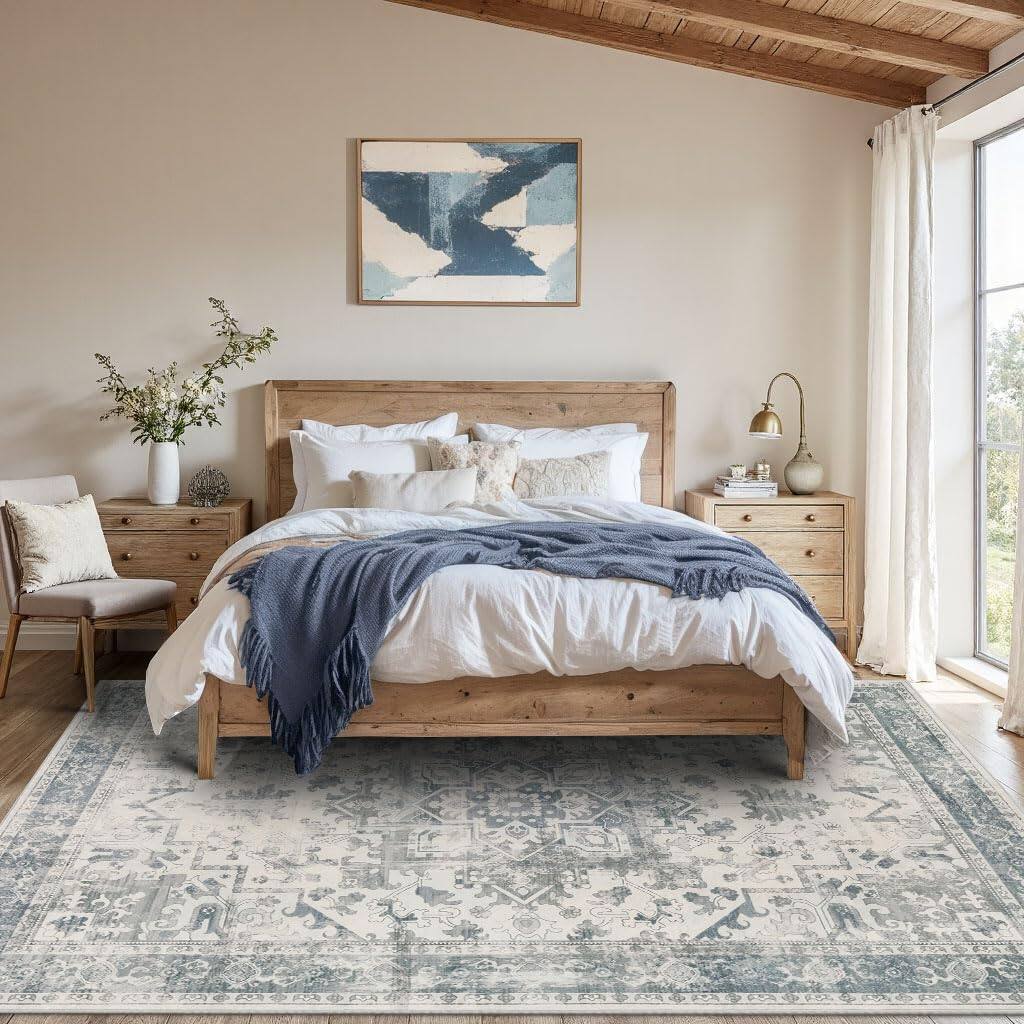 Alt View 1. PARKER SLATER - Area Rugs 5x7 Washable Living Room Vintage Boho Light Blue Rug Office Dining Farmhouse Durable Low Pile Non Slip High - Apricot.