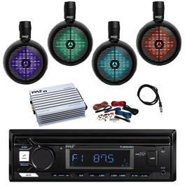Pyle - Marine Bluetooth Stereo Receiver, 4x 8" 480W MultiColor LED Wakeboard Tower Speaker, Amplifier w/Kit, Radio Antenna