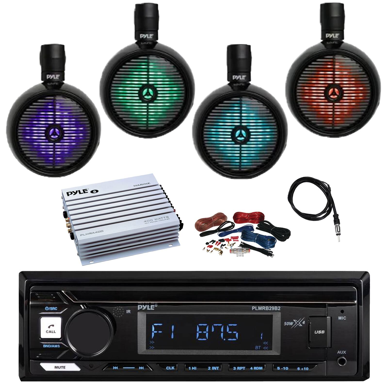 PYLE PYLE PYLE PYLE PYLE O MARINE WATTS PLMRA20 / SAC CALL BNDAMS IR PYLE FI I > > PLMRB29B2 sOW 875 : BT C 4 USB MIC AUX MUTE H - CLK 1 HI 2 INT a RPT 4 RDM S 3-10 10