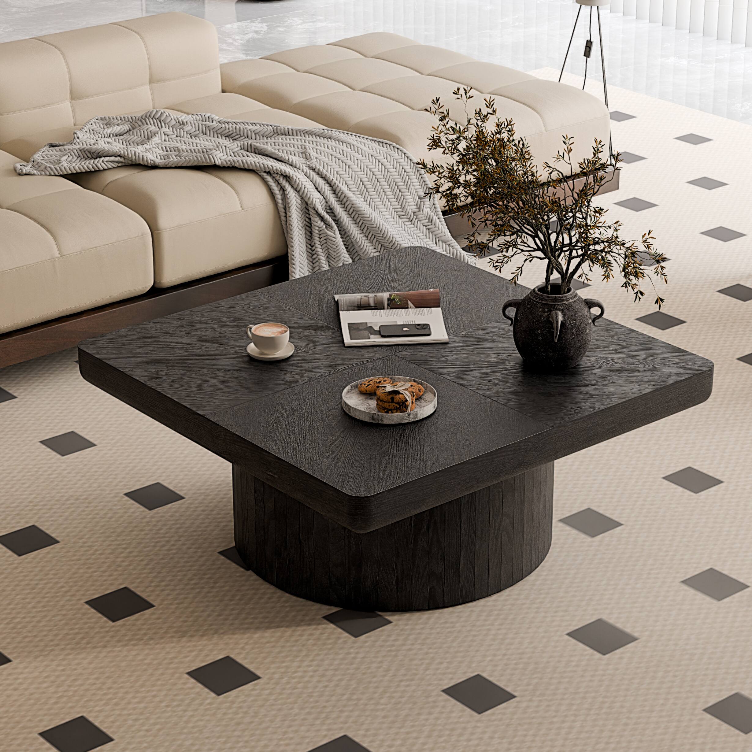 Left. Loheer - Loheer 34.6 Inch Square Coffee Table Modern Black Wood Veneer Center Table with Parquet Pattern and Cylindrical Base - Black.