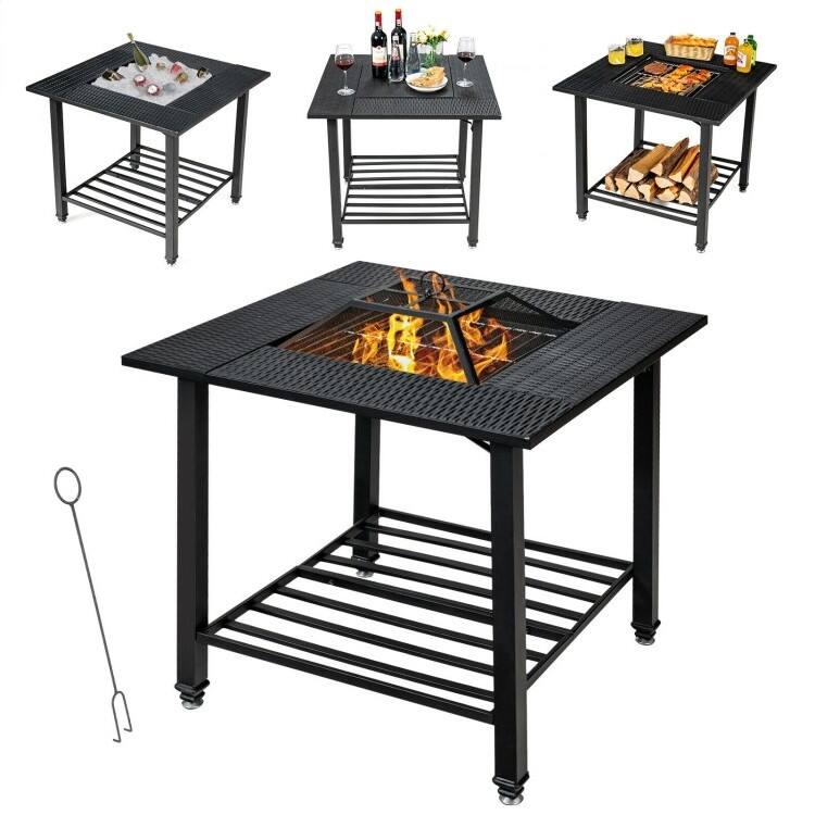 Front. SlickBlue - 4-in-1 Fire Pit – Square Design with Grill, BBQ Grate, Ice Bucket, and Dining Table - Black.