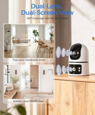 Dual-Lens, Dual-Screen View  
360° Coverage with No Blind Spots  
Top Lens: Panoramic View  
Bottom Lens: Detail View