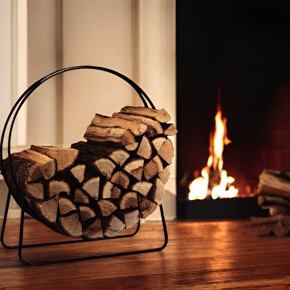 Angle. SlickBlue - Round Circular 40-inch Steel Hoop Log Storage Rack for Firewood - Black.