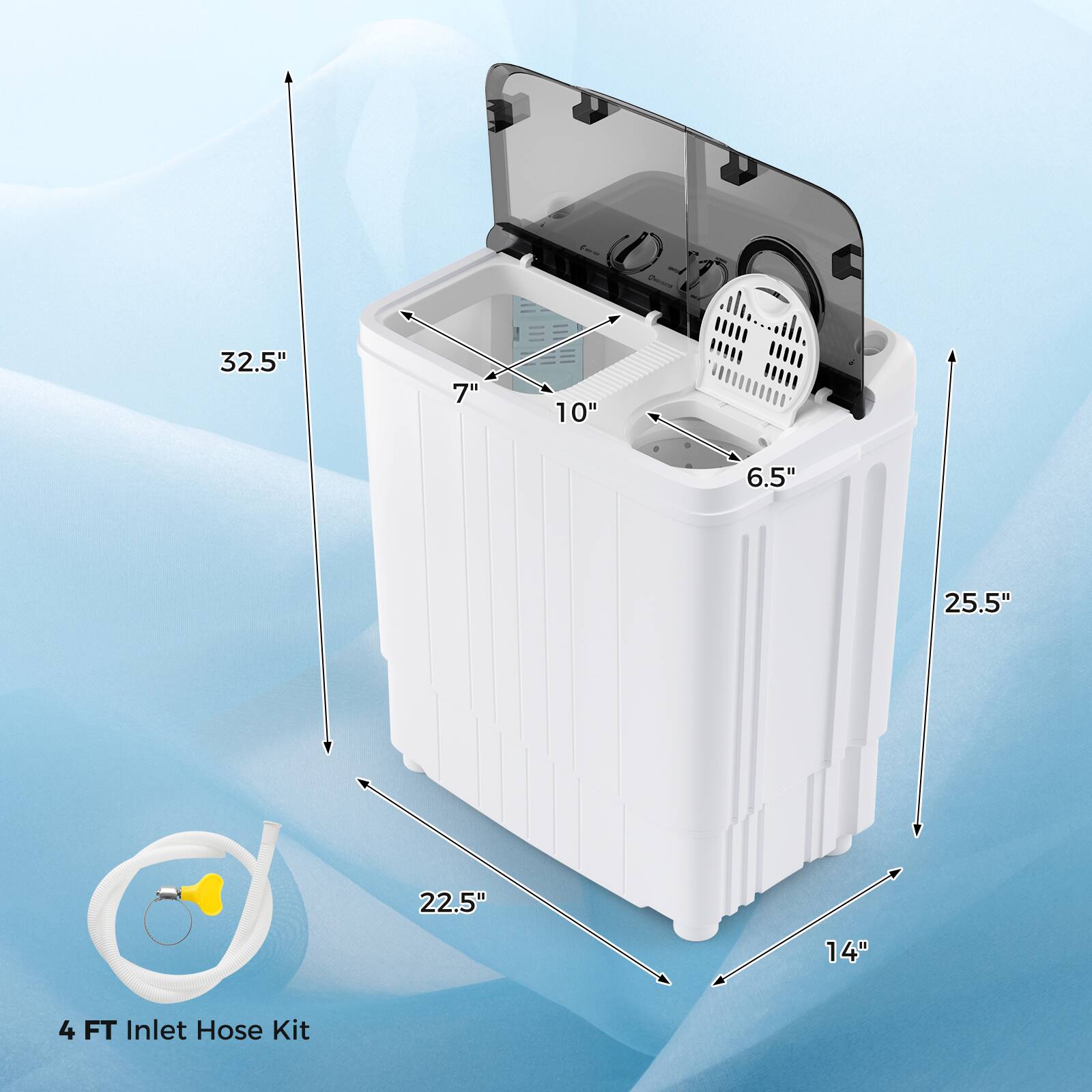 The image shows a white appliance with a 4 FT Inlet Hose Kit. The appliance measures 32.5" x 7" x 10" and has a 6.5" opening. The dimensions are also labeled on the image, making it easy to understand the size of the appliance.