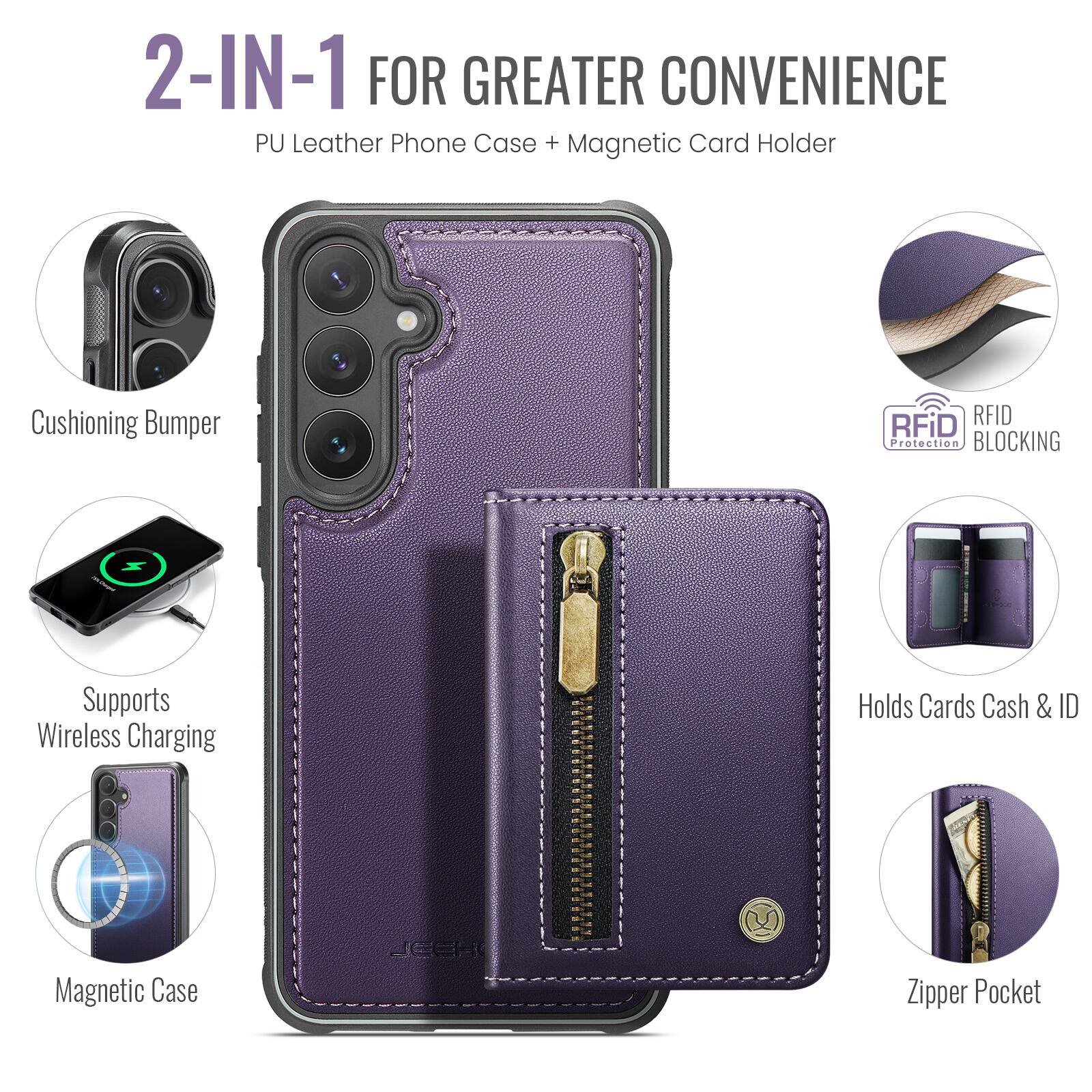 2-IN-1 FOR GREATER CONVENIENCE  
PU Leather Phone Case + Magnetic Card Holder  

- Cushioning Bumper  
- Supports Wireless Charging  
- Magnetic Case  
- RFID Protection BLOCKING  
- Holds Cards Cash & ID  
- Zipper Pocket
