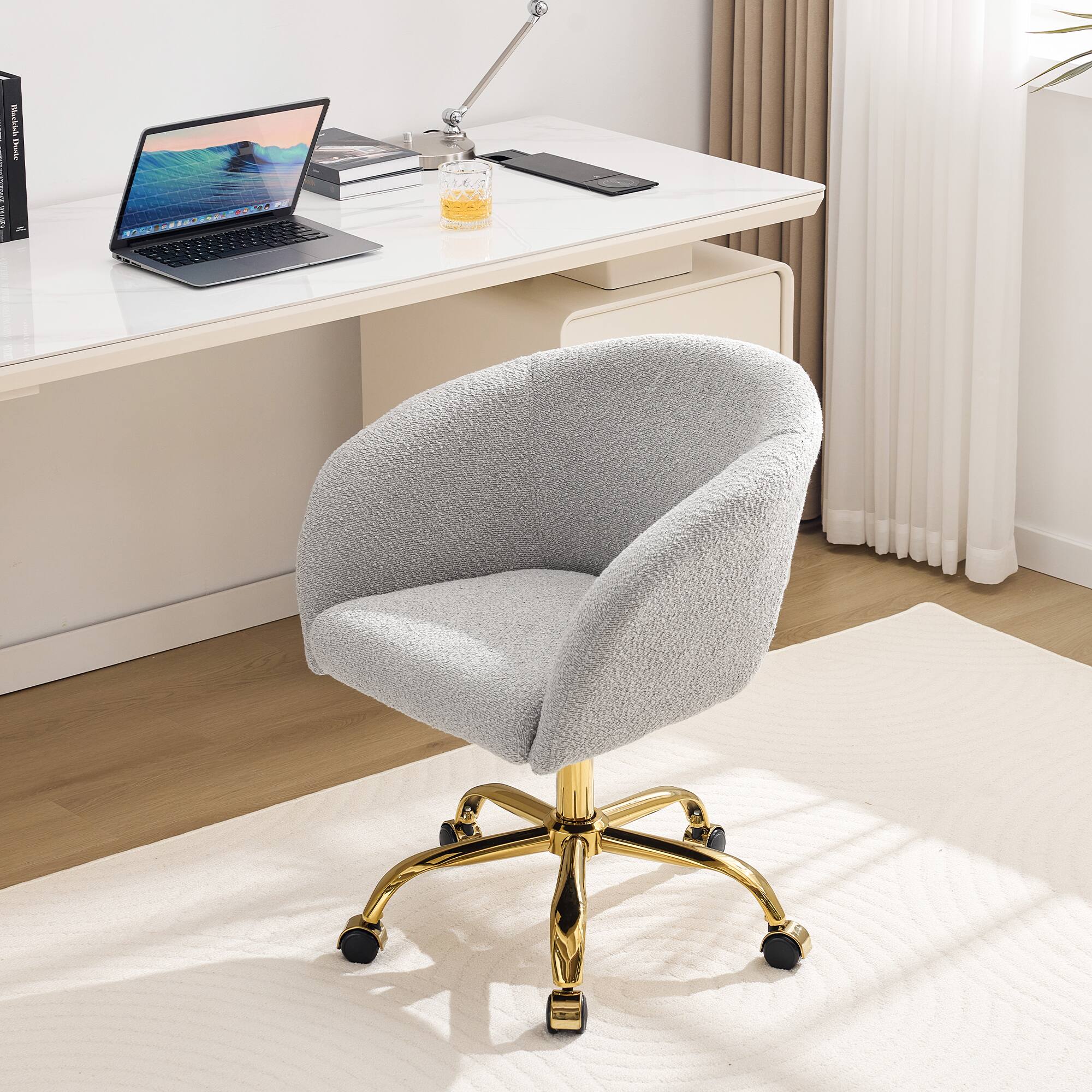 Alt View 10. KERDOM - Modern Vanity Chair with Back & Wheel, Swivel Rolling Home Office Armchair, Height Adjustable for Living Room, Bedroom - Grey.