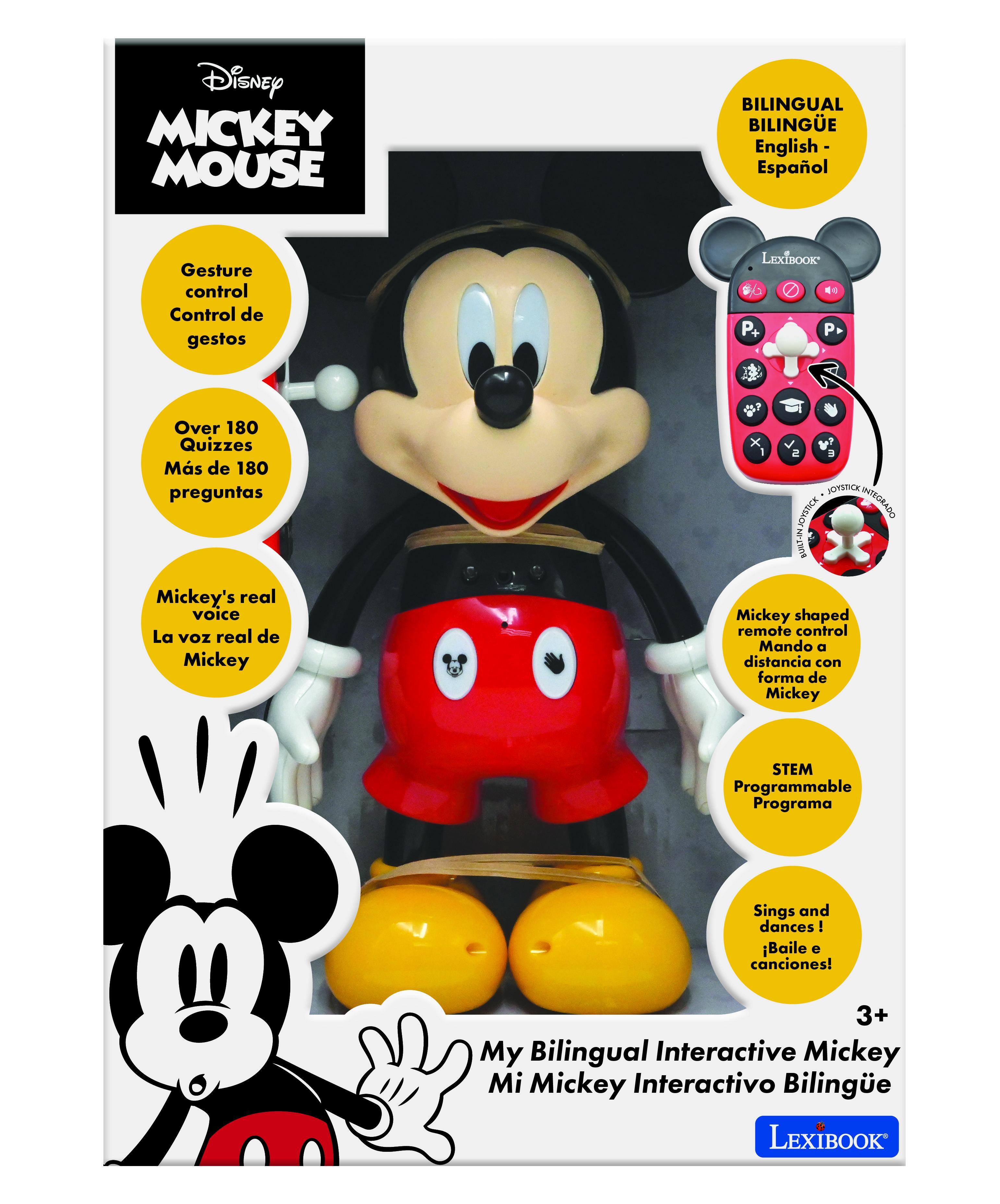 Disney MICKEY MOUSE BILINGUAL BILINGUE English - Español

Gesture control Control de gestos

LEXIBOOK

P+ P Over 180 Quizzes Ms de 180 preguntas

JOYSTICK JOYSTICK

Mickey's real voice La voz real de Mickey

Mickey shaped remote control Mando a distancia con forma de Mickey

STEM Programmable Programa

Sings and dances ¡Baile e canciones!

3+ My Bilingual Interactive Mickey Mi Mickey Interactivo Bilingüe

LEXIBOOK