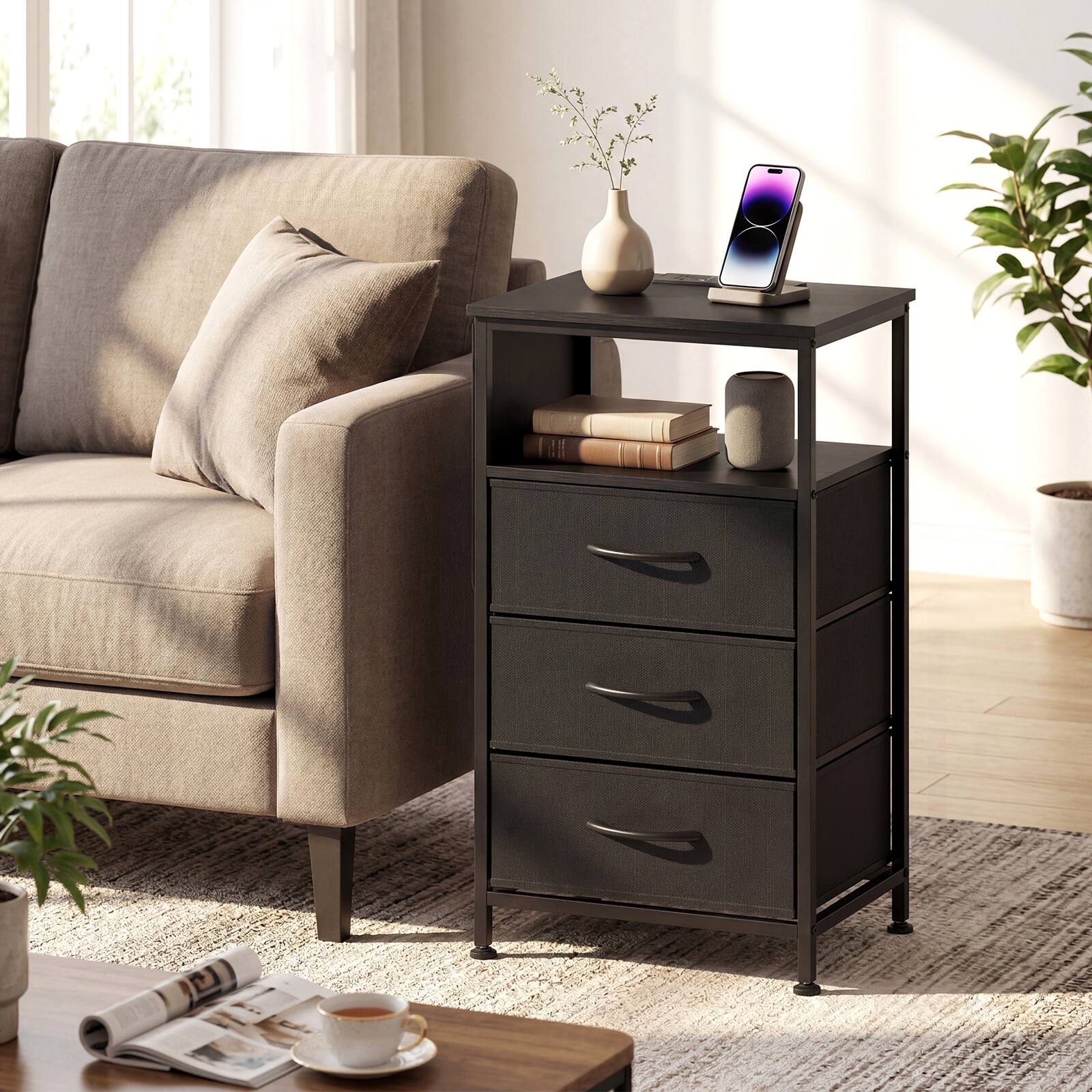 Alt View 1. Costway - Costway 2 PCS Nightstand with Charging Station, 3 Fabric Drawers, Open Shelf & Side Pocket - Black.