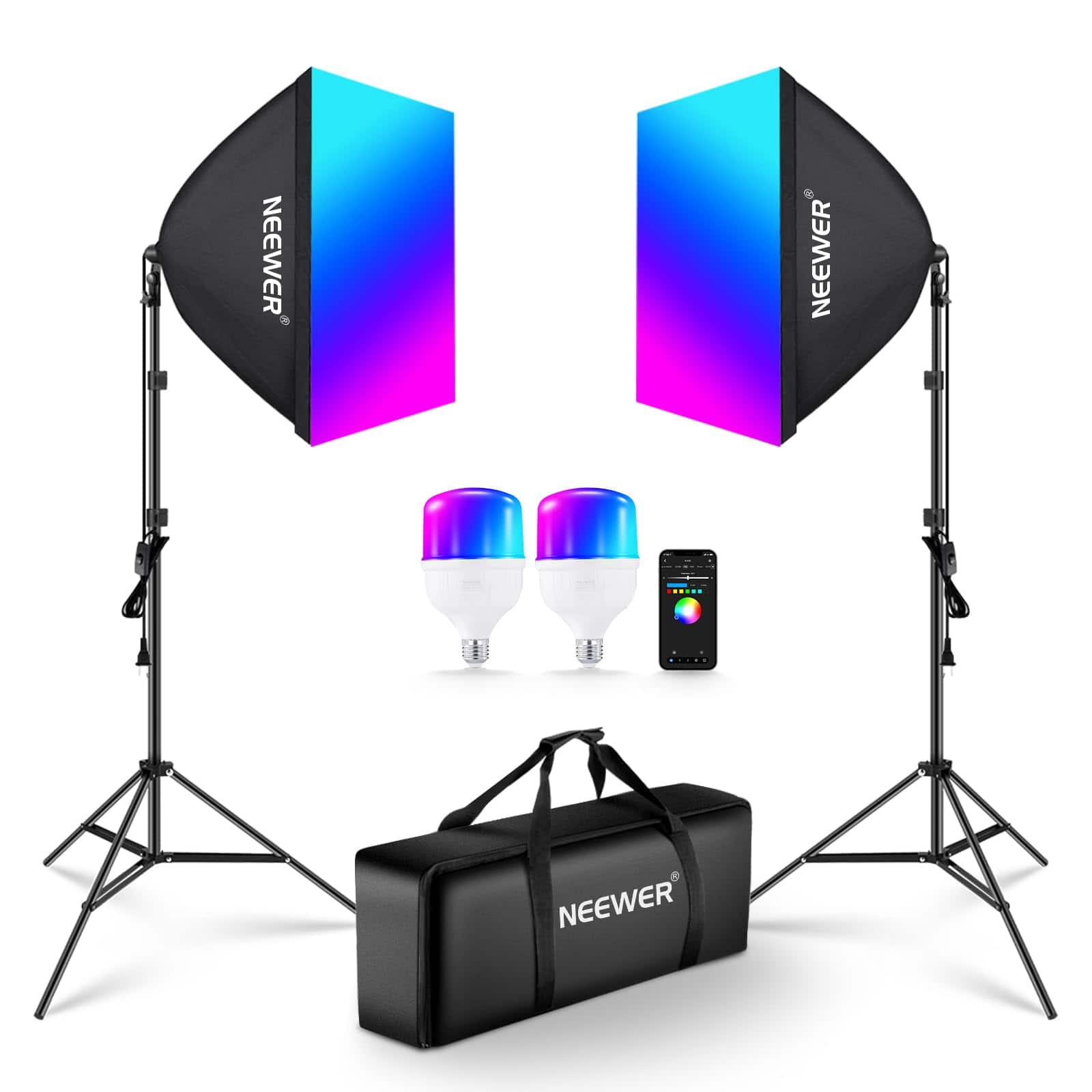 Neewer - 2-Pack RGB Softbox Lighting Kit - 26W APP Controlled with 9 Effect Modes for Studio - Black